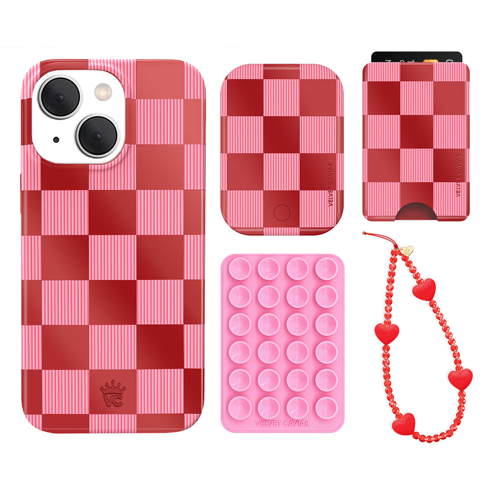 Rose Vibe Checkered iPhone Case with Wallet - Trendy Phone Accessory for Women | Perfect for Everyday Use, Travel & Shopping