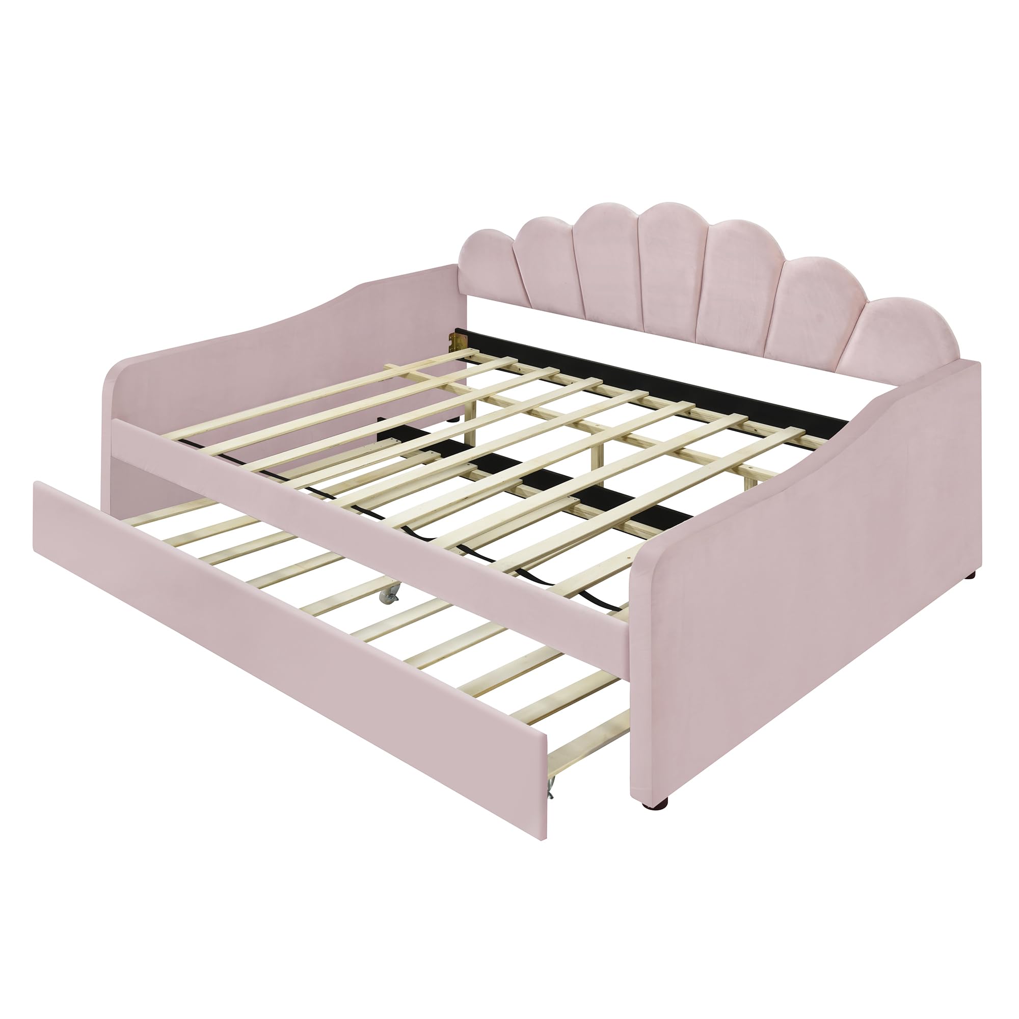 P PURLOVE Velvet Upholstered Daybed with Trundle - Pink Tufted Sofa Bed with Shell Shaped Backrest, No Box Spring Needed, Perfect for Guest Room, Small Space & Apartment Living
