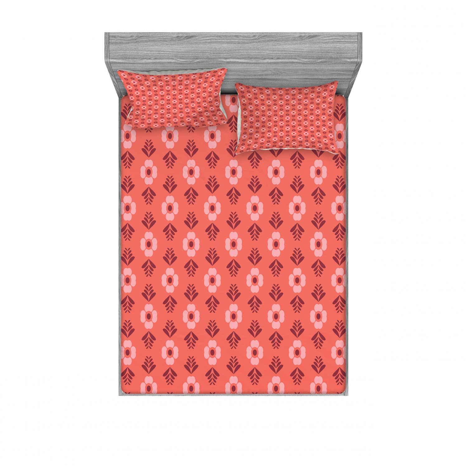 Ambesonne 2-Piece Coral Floral Fitted Sheet & Pillow Sham Set - Queen Size Bedding with 2 Fitted Sheets & 4 Pillow Covers - Romantic Flower Design for Bedroom Decor - Perfect for Guest Rooms, Master Bedrooms, and Beach House Styling