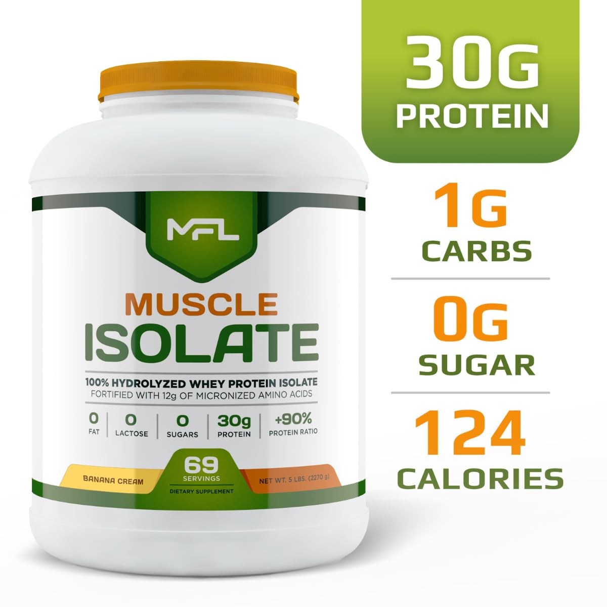 MFL 100% Whey Protein Isolate Powder - 30g Protein, 12g Amino Acids, Keto & Low Carb Friendly - 5 lbs (Banana Cream Flavor) for Post-Workout Recovery & Muscle Growth