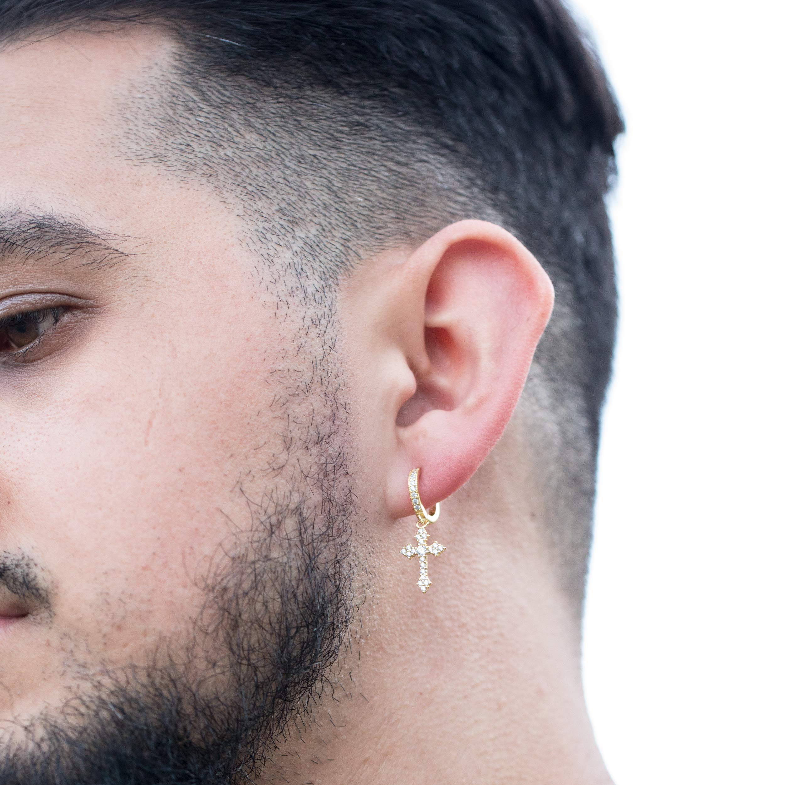 14K Yellow Gold Plated 925 Sterling Silver Dainty Dagger Cross Hoop Earrings for Men & Women - Lightweight Cubic Zirconia Huggie Hoops - Perfect for Everyday Wear, Gifts & Special Occasions