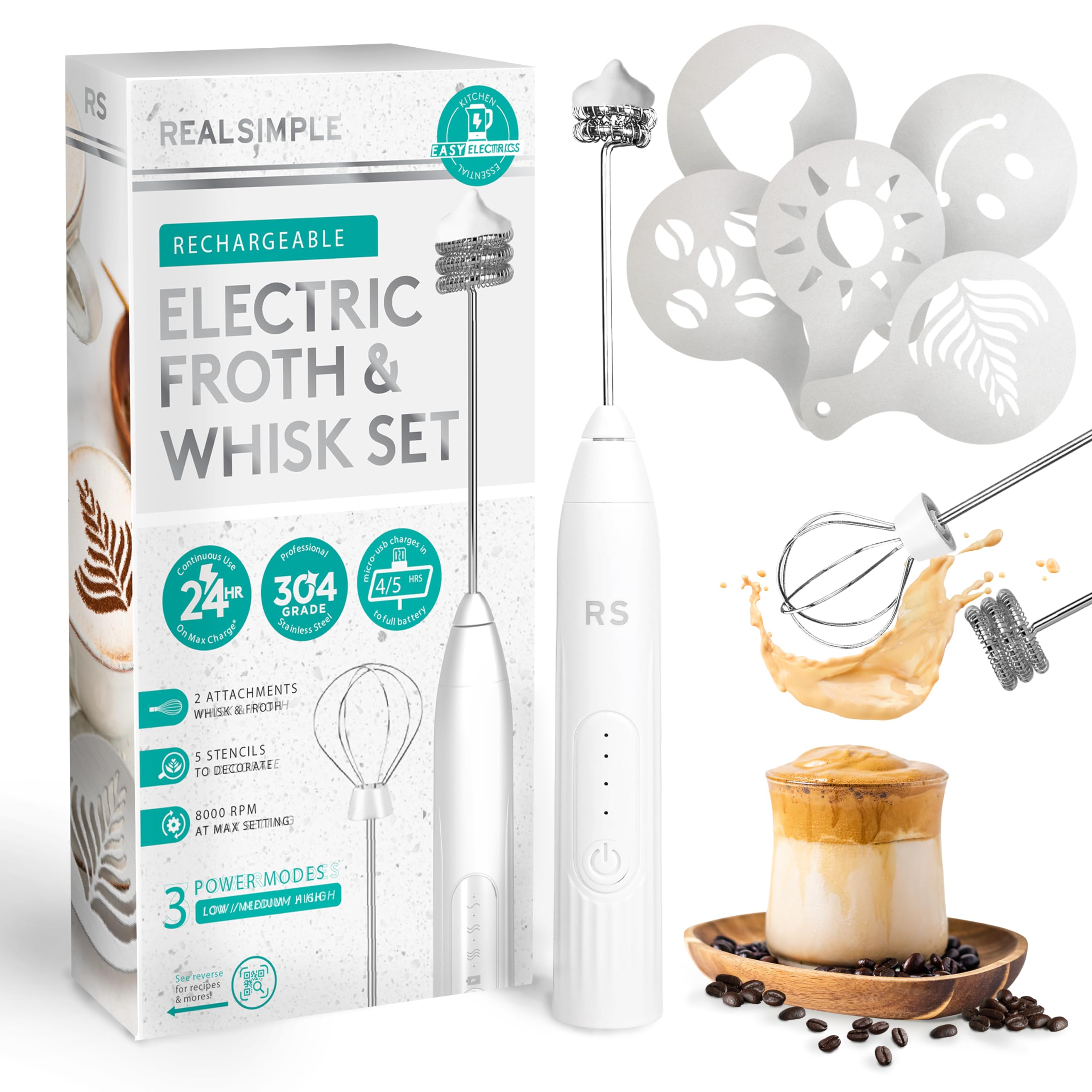USB Rechargeable Milk Frother and Whisk Set with Stainless Steel Attachments - Includes 5 Coffee Stencils | Handheld Electric Milk Frother for Latte, Cappuccino & Hot Chocolate | Perfect for Home, Office & Coffee Shops | White