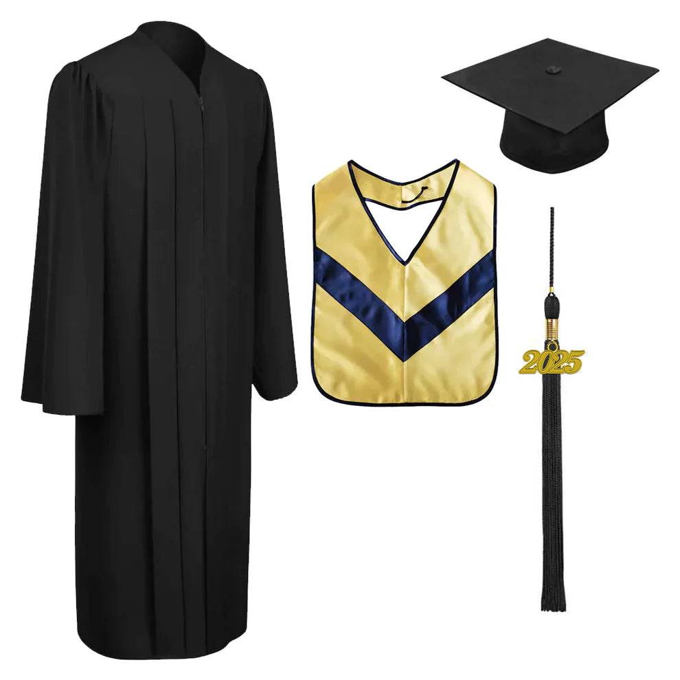 Matte Black Graduation Cap, Gown, Tassel & Hood Set - Complete Commencement Accessories for High School & College Ceremonies