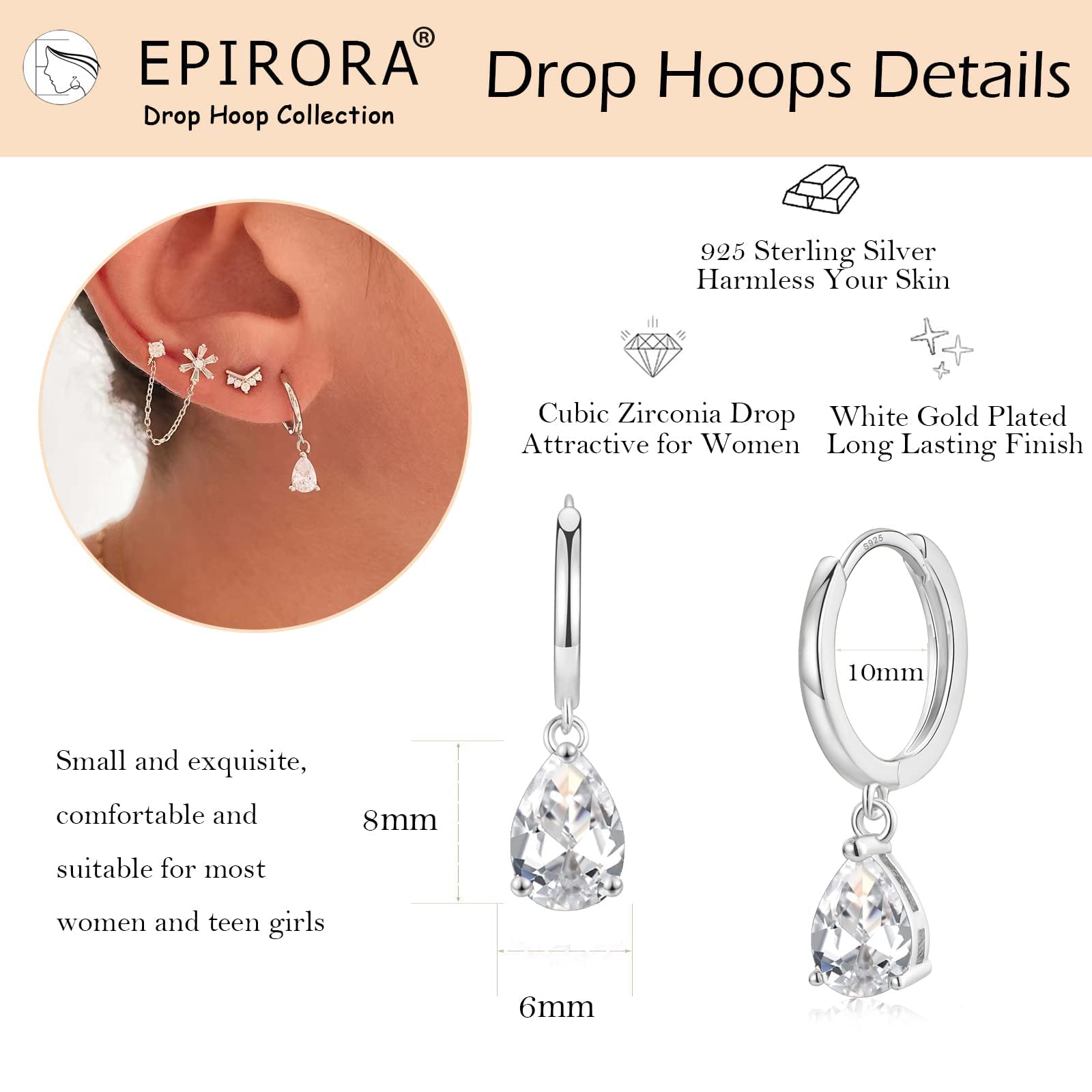Sterling Silver Hoop Earrings for Women - Small Teardrop Dangle Huggie Earrings with Cubic Zirconia | Hypoallergenic Cartilage Jewelry | Perfect Gift for Girls, Everyday Wear & Special Occasions
