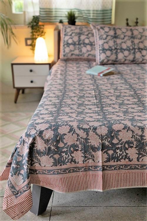 The Grey Grace Handblock Printed Cotton Bedsheet - 100% Pure Cotton Luxury Bedding Set for Queen/King Size - Eco-Friendly Traditional Indian Block Print - Perfect for Master Bedroom, Guest Room & Bohemian Home Decor