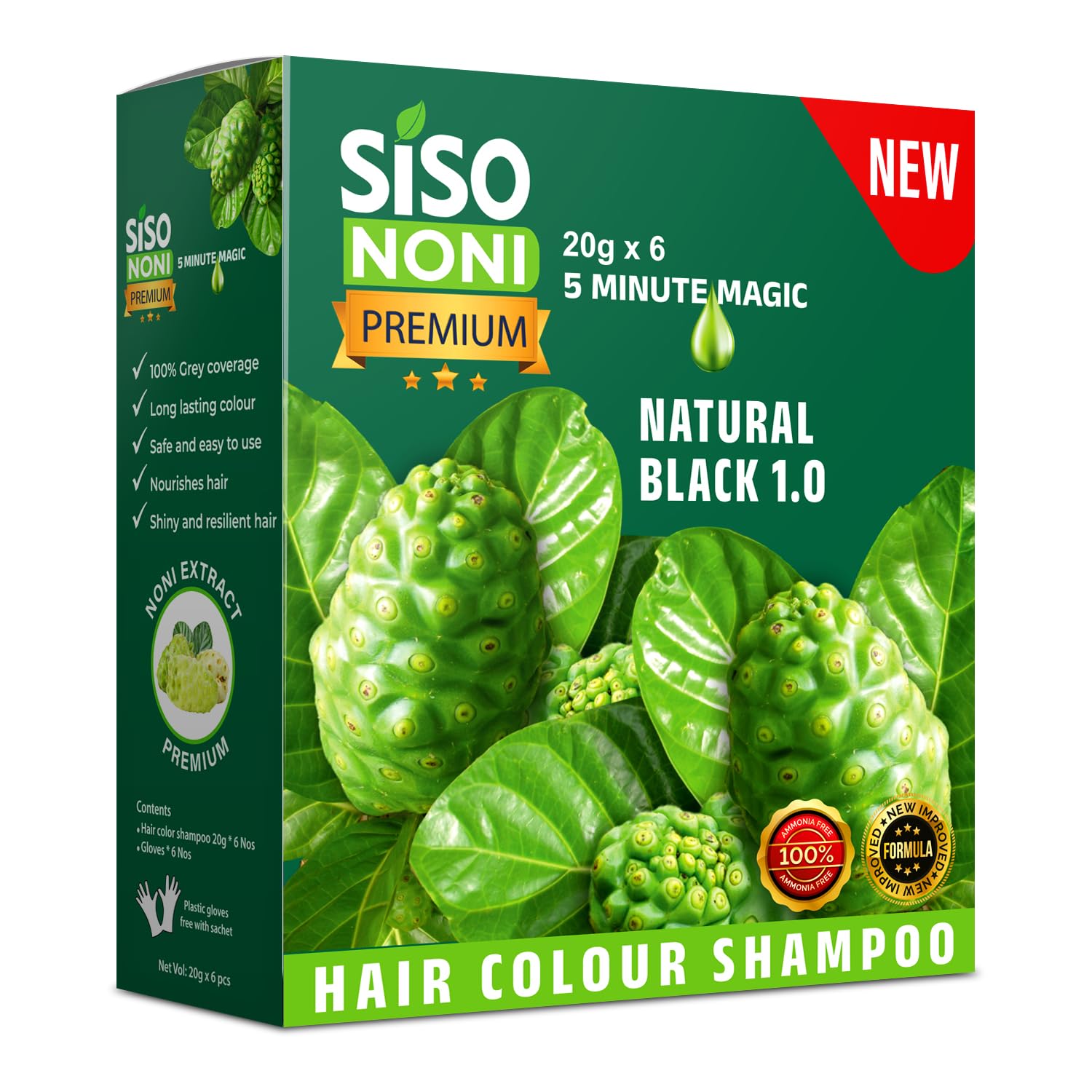 Premium Noni Black Hair Color Shampoo 20G (6 Pack) | Ammonia-Free Natural Permanent Hair Dye for Men & Women | Noni Fruit Enriched, 5-Minute Hair Color | Quick Gray Coverage for Home & Salon Use