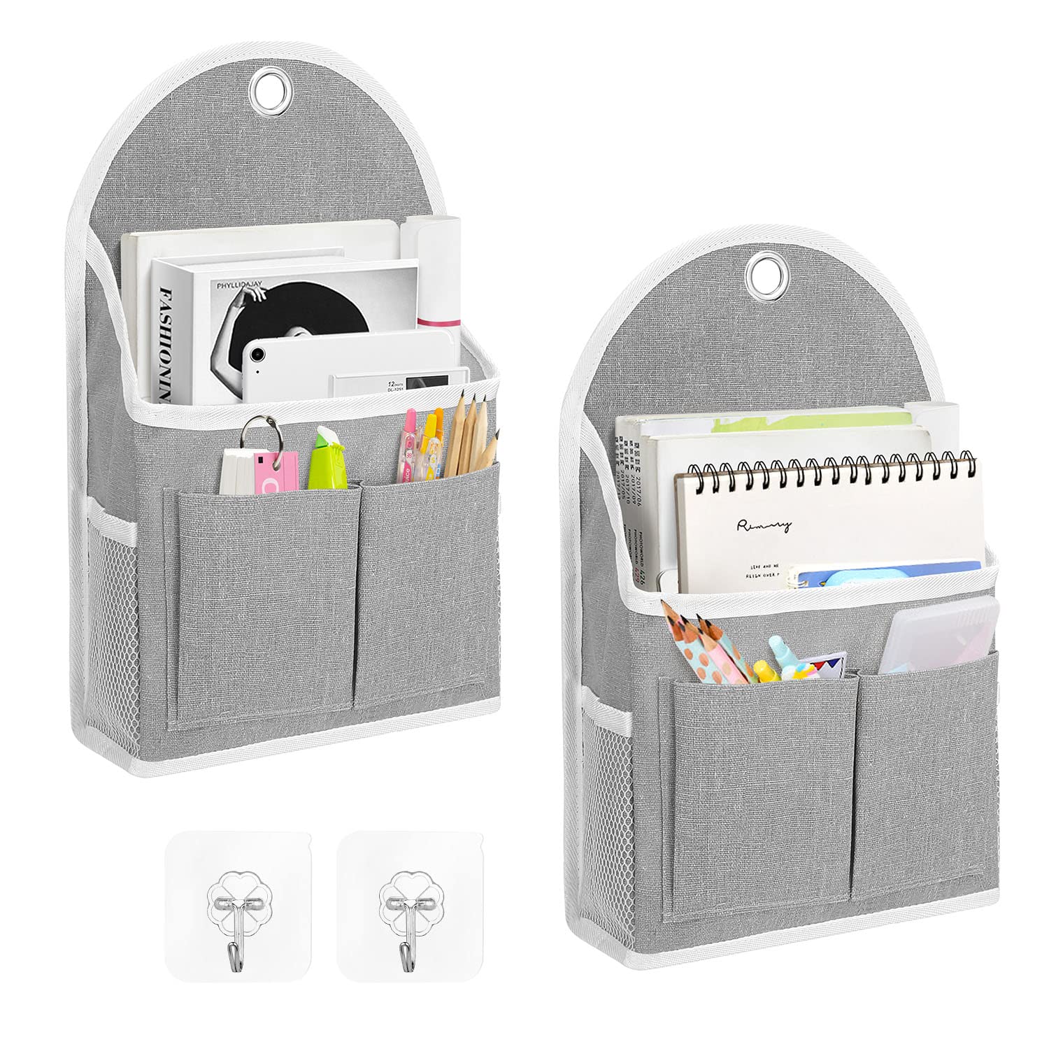 2 Pack Waterproof Wall Hanging Organizer with Multiple Pockets - Fabric Storage Basket & Over The Door Caddy for Kitchen, Bedroom, Bathroom - Space Saving Grey Closet Shelves (Perfect for Small Spaces & Home Organization)