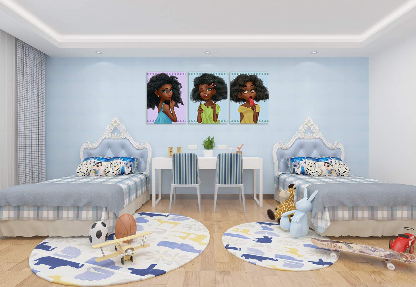 African American Wall Art Canvas - 3 Panels Framed Black Girl Painting for Bedroom & Living Room Decor