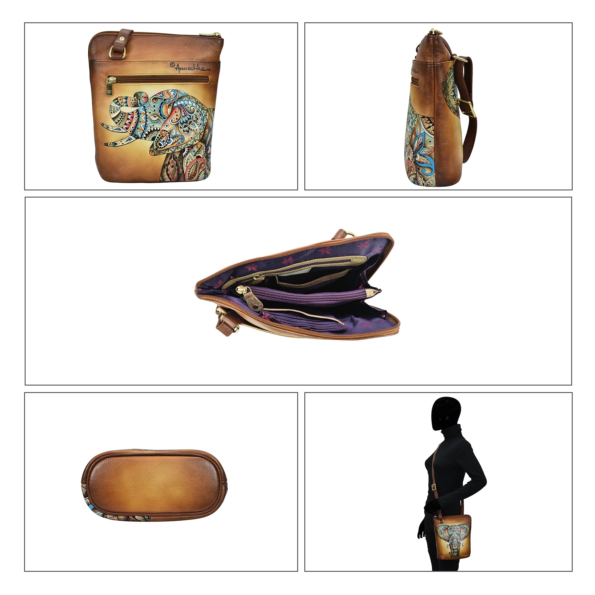 Anuschka Women's Hand-Painted Genuine Leather Crossbody Bag - Adjustable Strap & Extended Side Zipper - Perfect for Travel, Work & Everyday Use