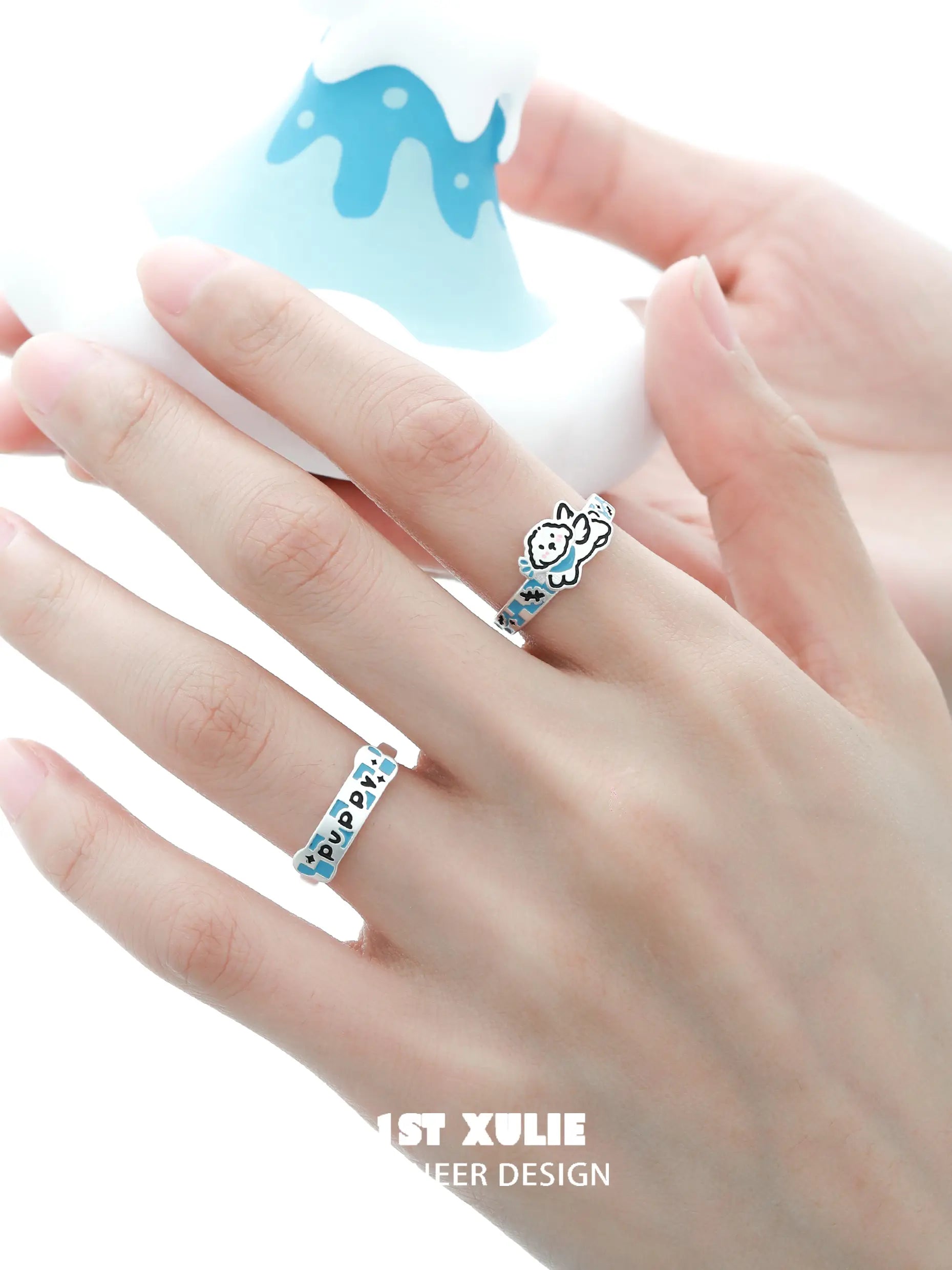 Angel Cuties 925 Sterling Silver Hand-Painted Colorful Resin Kitten & Puppy Ring - Cute Animal Jewelry for Women, Perfect Gift for Cat & Dog Lovers (Birthday, Valentine's Day, Anniversary)