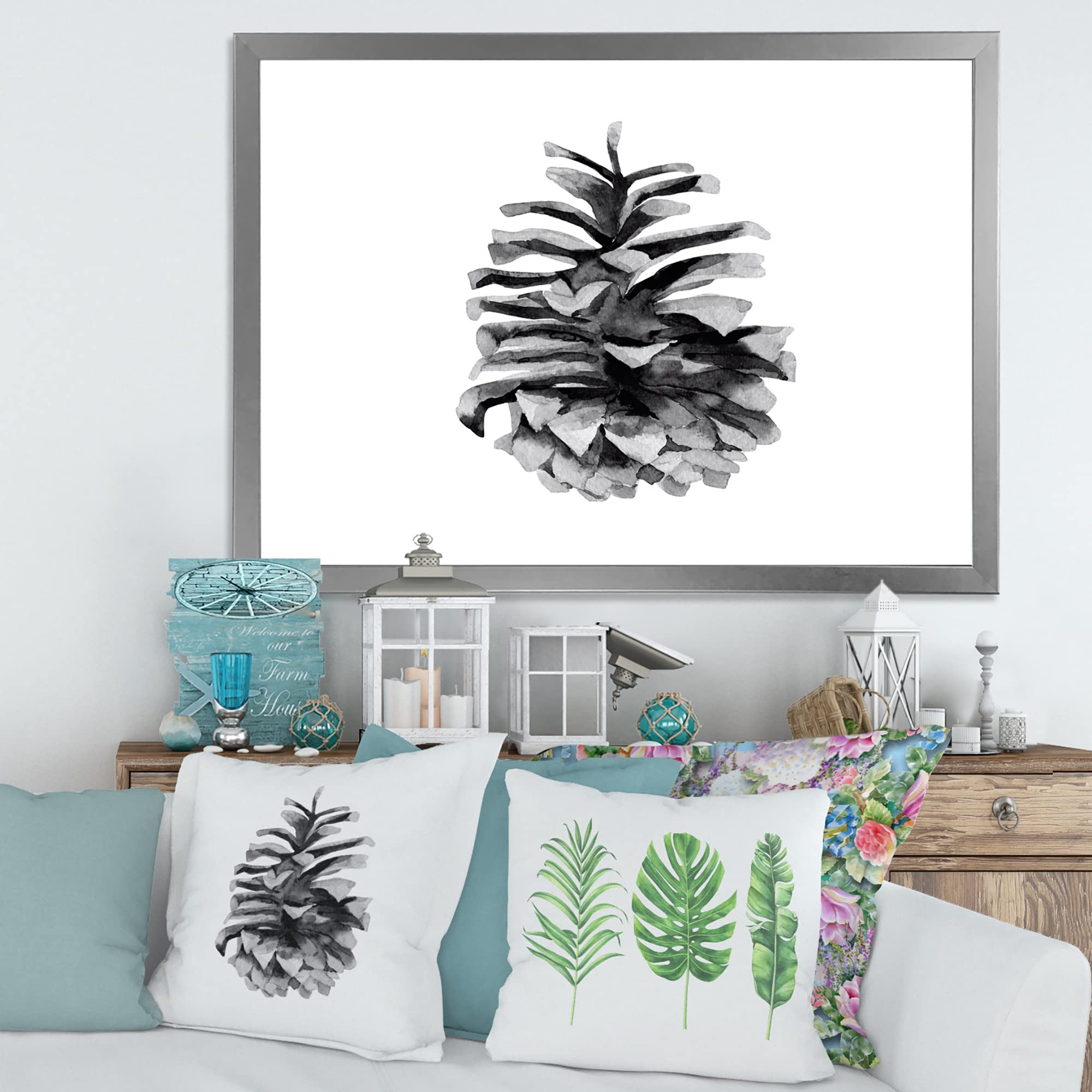 DesignQ Conifer Cone Monochrome Traditional Framed Wall Art - Elegant Home Decor for Living Room, Bedroom & Office