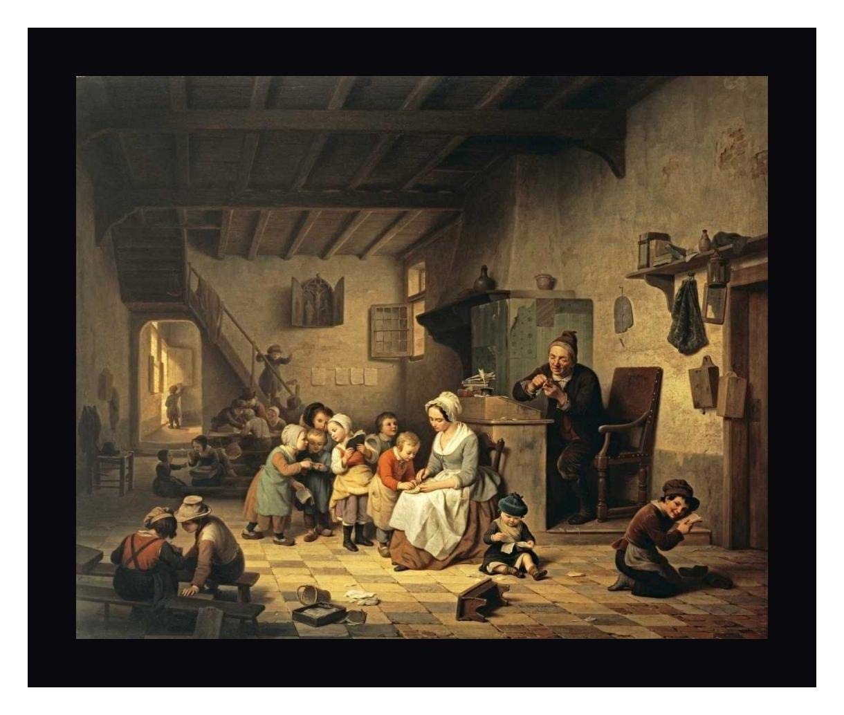 The School Room by Basile De Loose - 17x20 Inch Framed Canvas Wall Art Print with Black Wood Frame - Ready to Hang for Living Room, Bedroom, Office Decor