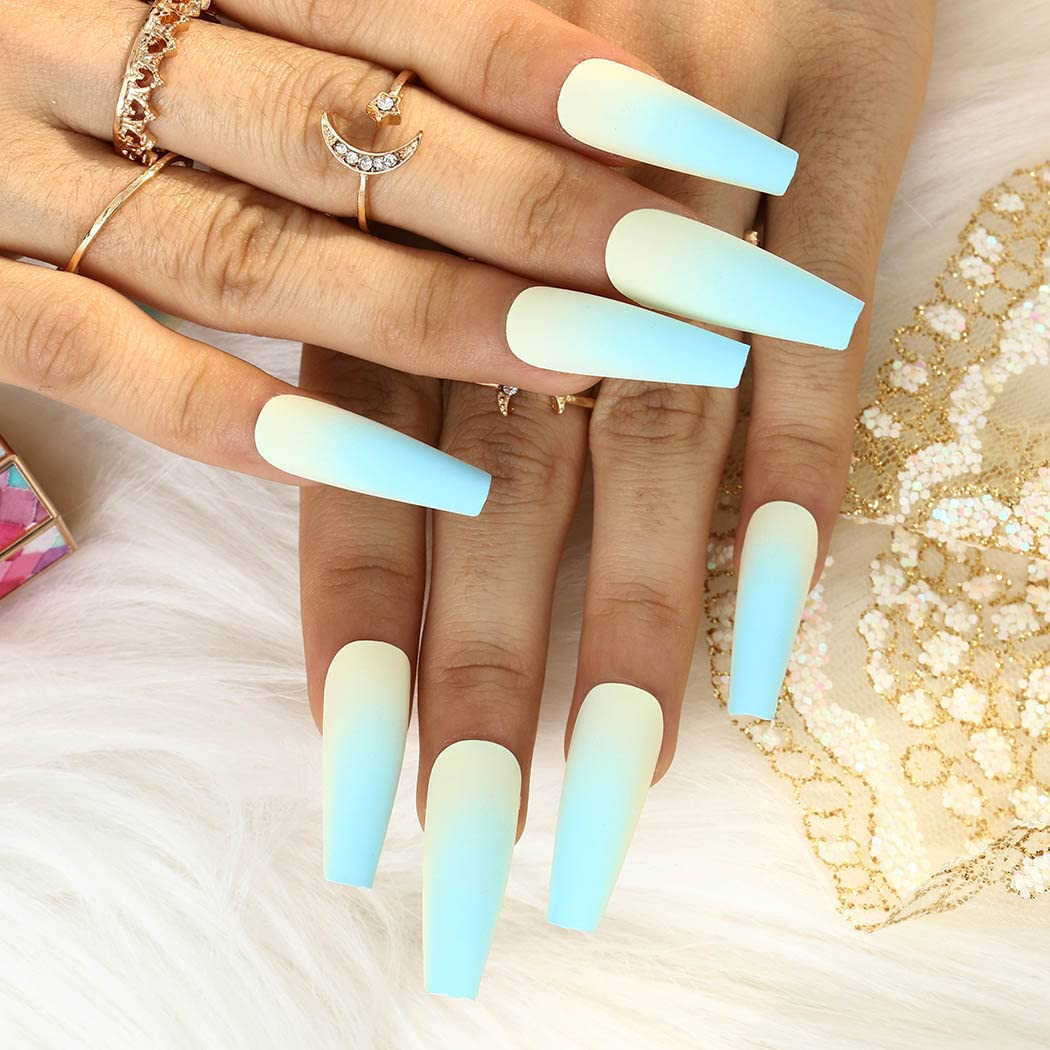 Extra Long Blue Ombre Press on Nails - Ballerina Matte Fake Nails with Full Cover Design (24pcs) | Halloween Acrylic Nail Tips for Women & Girls | Perfect for Parties, Cosplay and Special Occasions