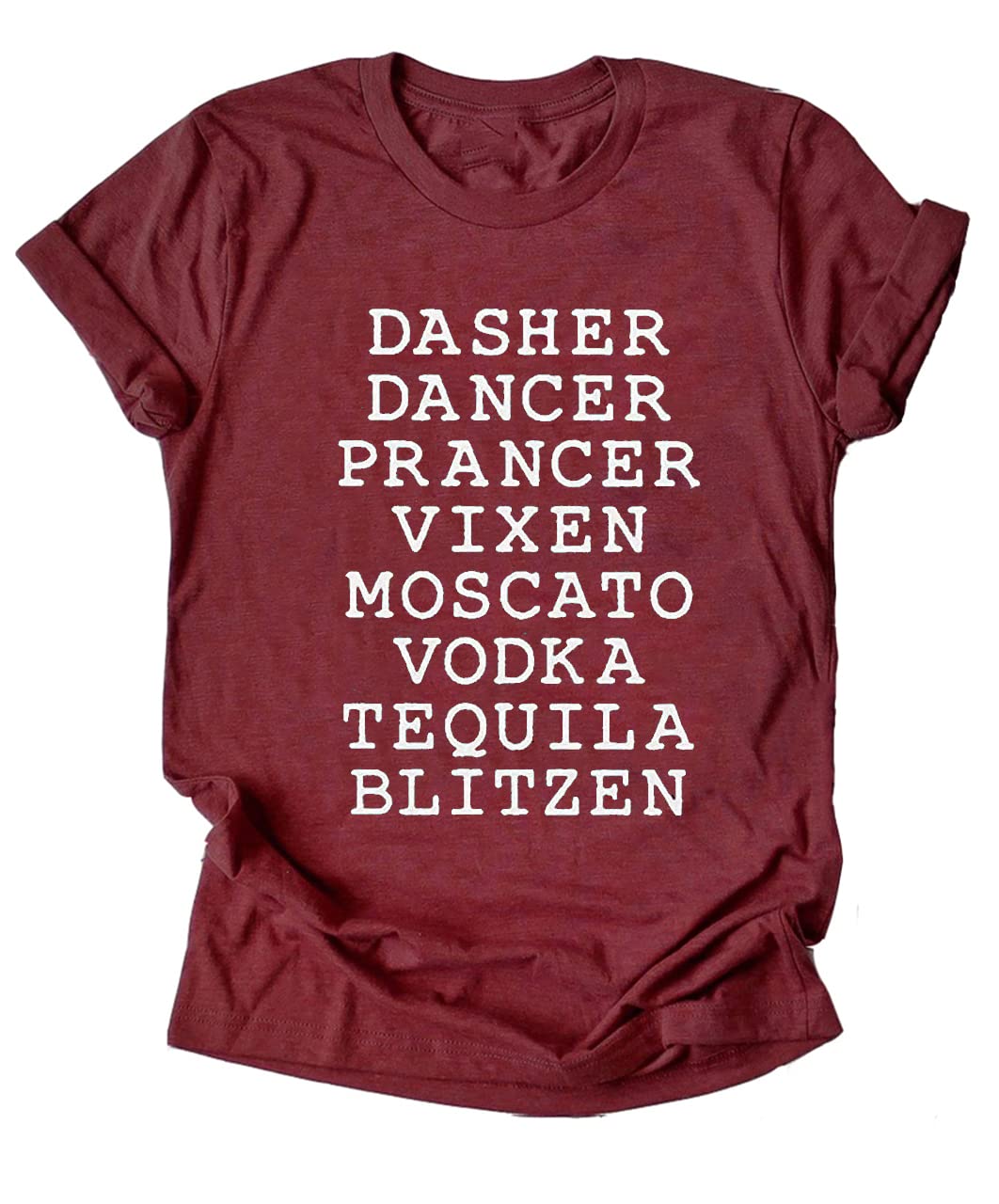 Funny Reindeer Alcohol Graphic Tees for Women - Dasher Dancer Prancer Vixen Moscato Vodka Tequila Blitzen Christmas T-Shirts | Perfect for Holiday Parties, Ugly Sweater Contests & Festive Gift Giving
