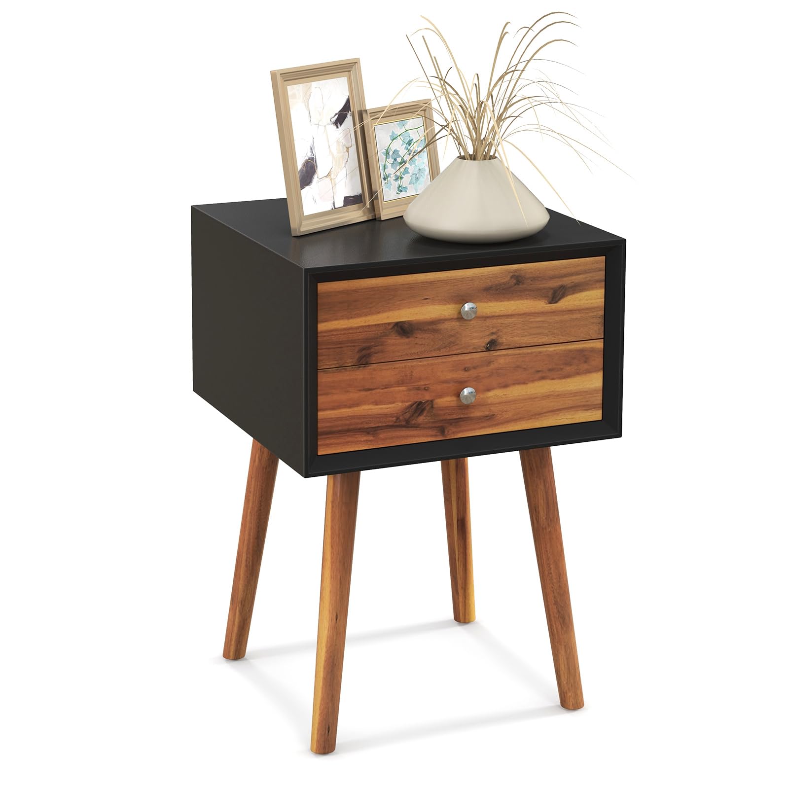 Giantex Mid Century Modern Nightstand with 2 Drawers - Solid Wood Legs Bedside Table - Small Space End Table for Bedroom & Living Room - Black & Walnut Finish - Perfect for Apartment, Dorm, Guest Room & Home Decor