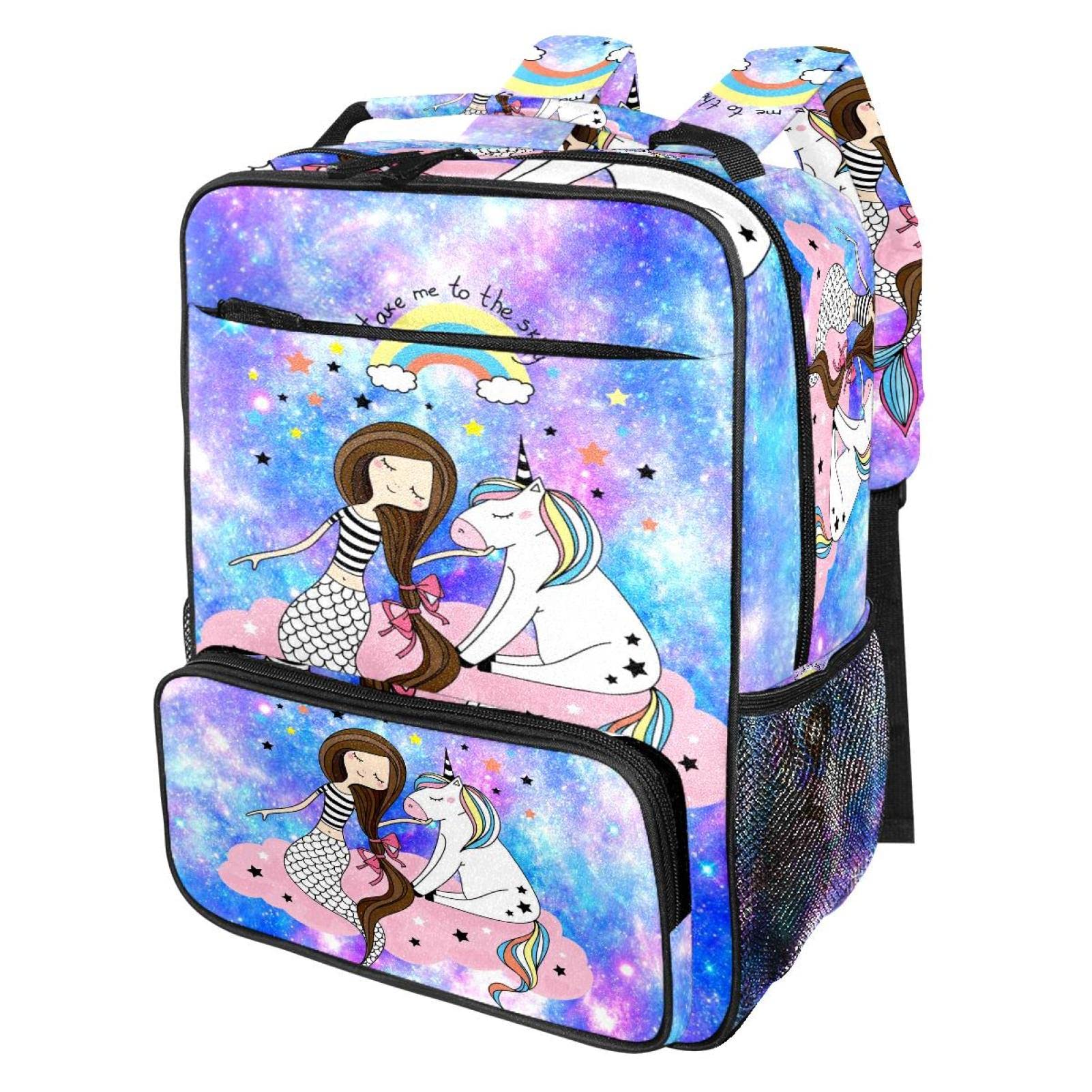 Stylish Travel Backpack for School & Laptop - Durable Canvas Bookbag with Galactic Mermaid & Unicorn Print for Girls & Boys - Perfect for College, Work & Outdoor Adventures