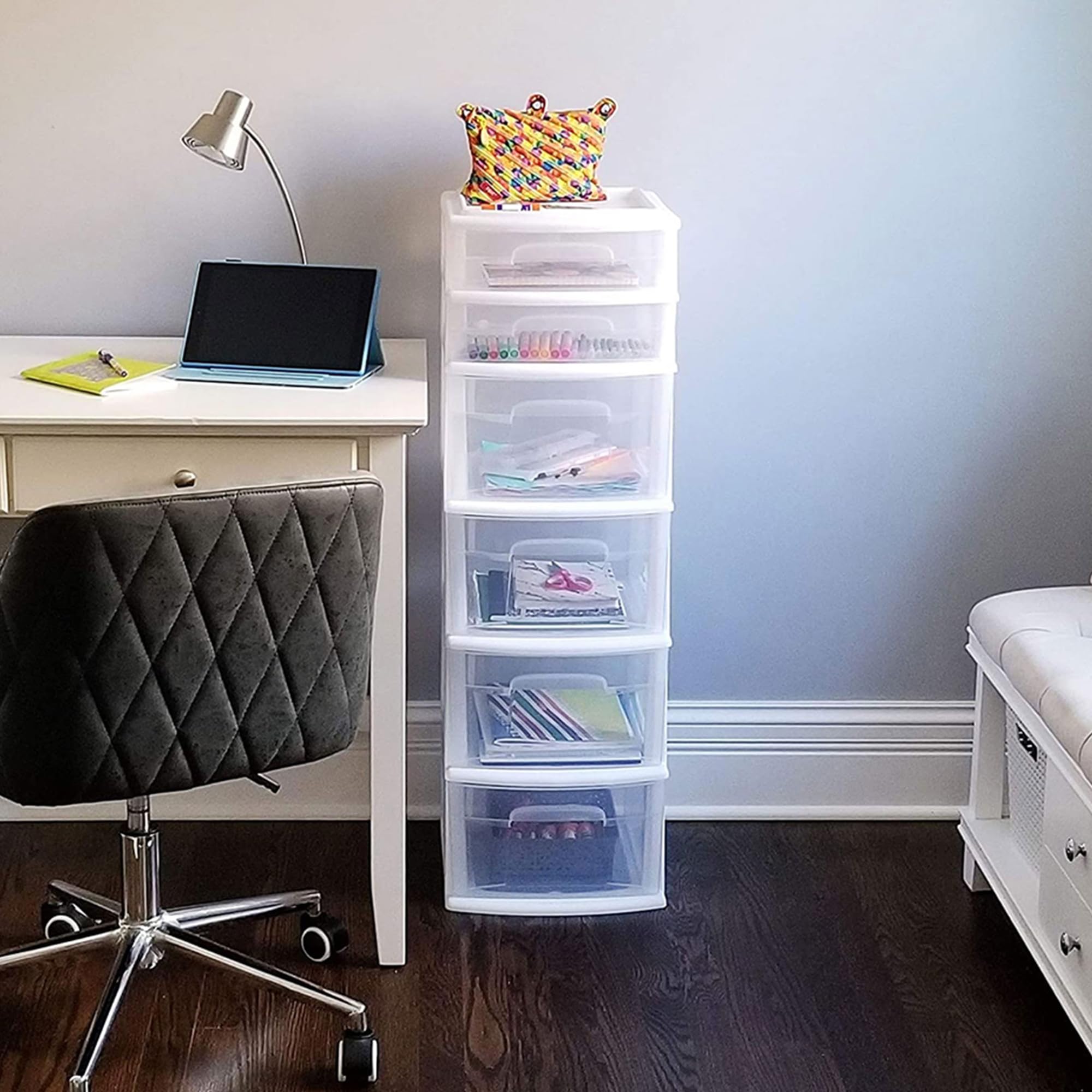 HOMZ 2-Pack 6-Tier Clear Plastic Storage Drawer Tower Organizer with White Frame - Perfect for Bedroom Closet, Bathroom, Office & Craft Room Organization