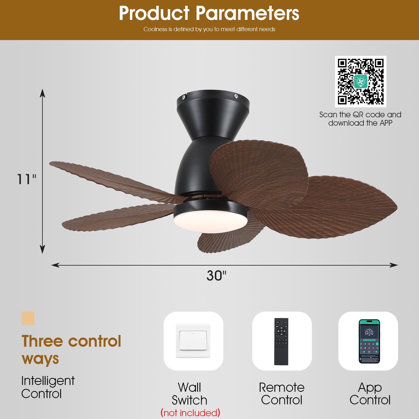 30 Inch Low Profile Ceiling Fan with Lights - Remote & APP Control Flush Mount Tropical Palm Leaf Design - Small Outdoor Ceiling Fan for Patio, Porch, Bedroom & Living Room - Energy Efficient & Quiet - Brown