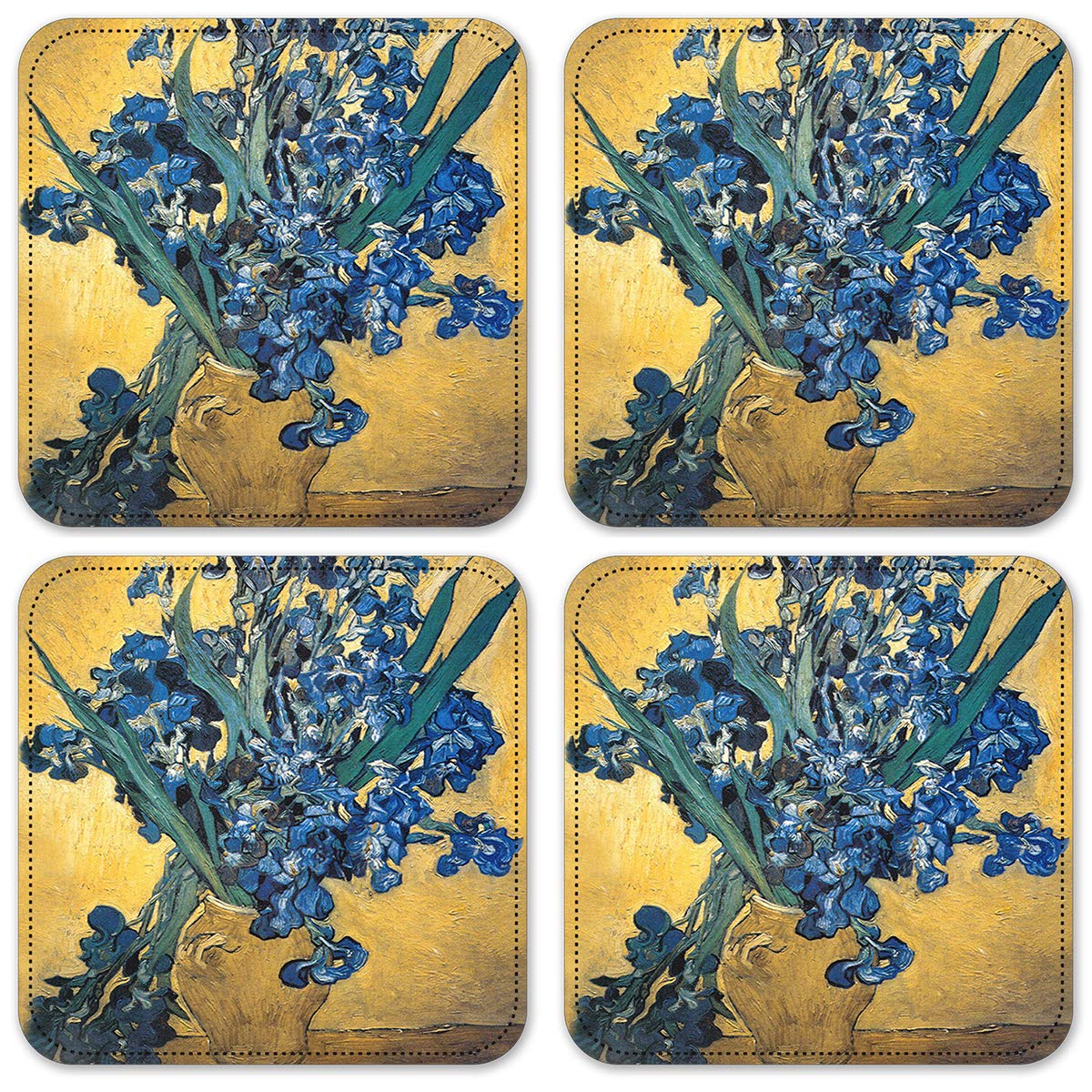 Vinyl Drink Coasters Set of 4 - Van Gogh Vase of Irises Art Design - Absorbent & Durable for Coffee Table, Bar, Home Decor & Gift Ideas