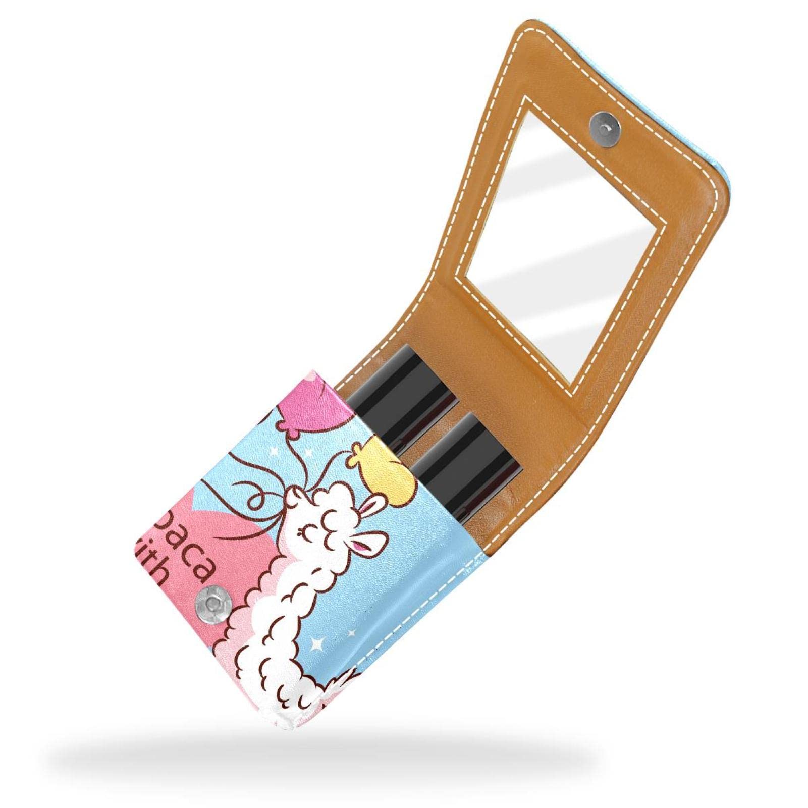 Personalized Lipstick Case - Cute Alpaca Design Portable Makeup Bag & Cosmetic Pouch Organizer for Women | Perfect for Travel, Gift, and Daily Makeup Storage (Blue Balloon Background)