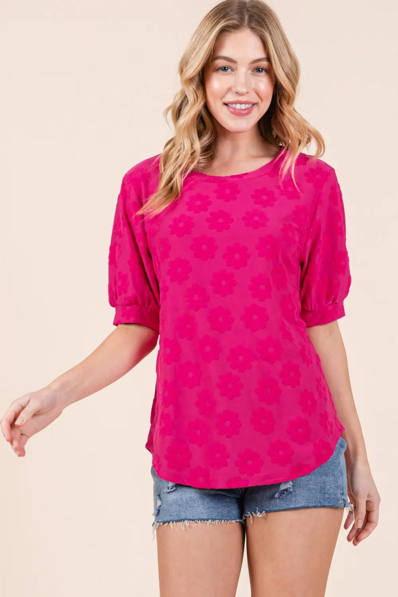 BOMBOM Textured Floral Print Blouse - Elegant Women's Fashion Top for Office, Date Night & Special Occasions