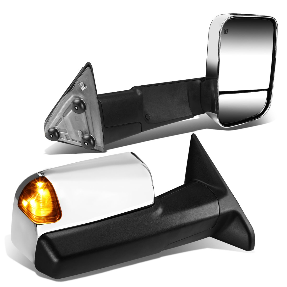 Auto Dynasty Chrome Power Heated Amber LED Turn Signal Tow Mirrors with Puddle Lamps for 2009-2016 Dodge Ram - Enhanced Visibility & Safety for Night Driving & Towing