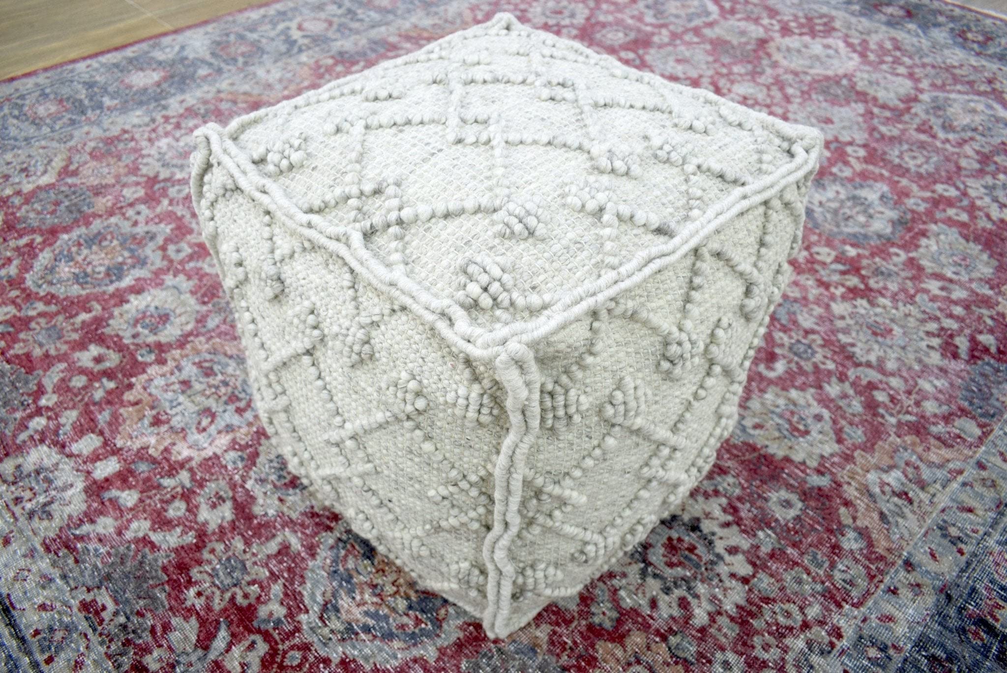 Boho Handwoven White Sand Pouf Ottoman - Wool Blend Tribal Design Footstool for Living Room, Couch Companion, Side Table & Cozy Home Decor