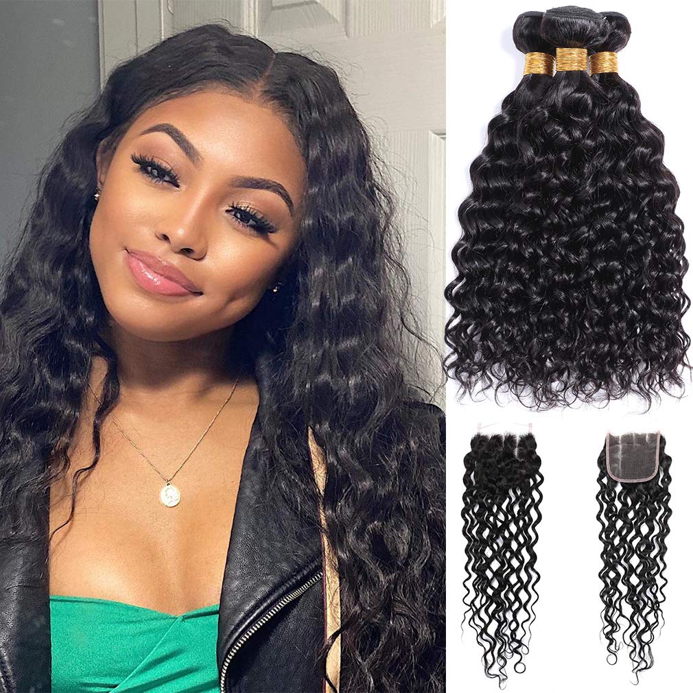 Brazilian Wet and Wavy Hair Bundles with Closure - 3 Bundles 12/14/16 Inch +10 Inch Remy Human Hair Extensions - Natural Color Brazilian Water Wave Virgin Hair for Stunning Curly Hairstyles & Everyday Glam Looks