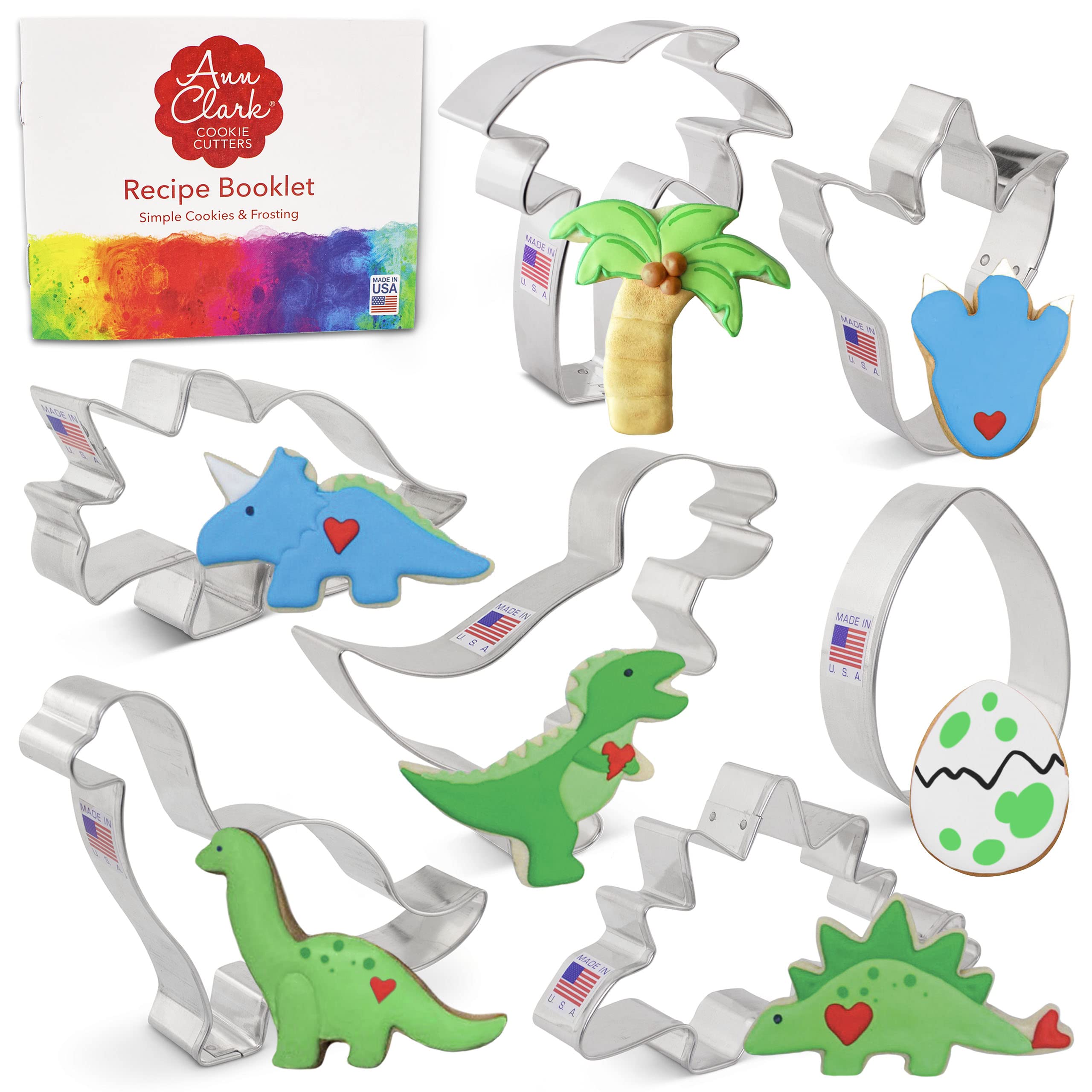 Dinosaur Cookie Cutters 7-Piece Set - T-Rex, Brontosaurus, Stegosaurus, Dino Foot & Egg - Made in USA by Ann Clark - Perfect for Baking, Kids Parties & Dinosaur-Themed Events