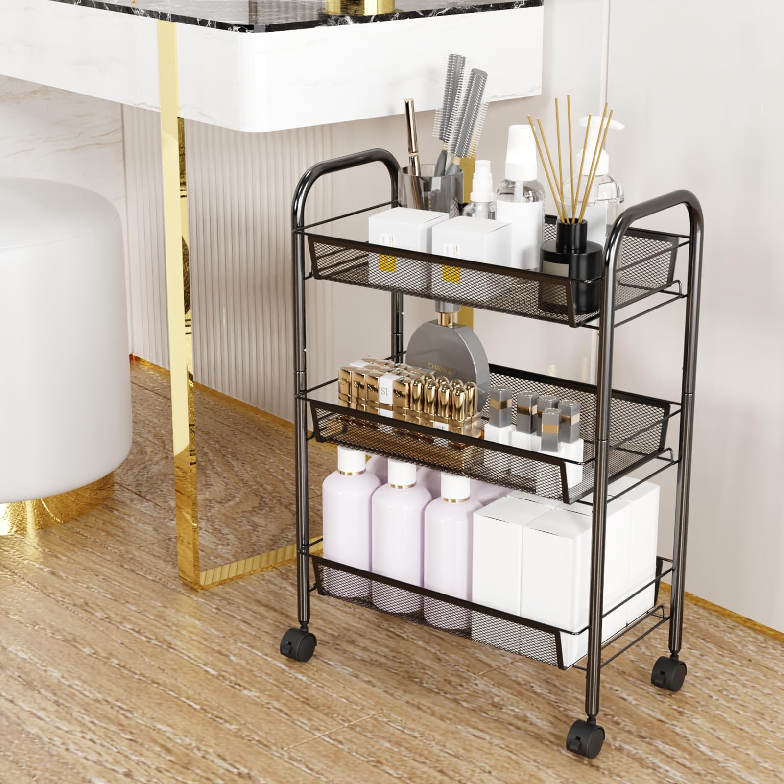 WELDUN 3-Tier Rolling Kitchen Cart with Metal Shelves & Handle - Mobile Storage Organizer for Kitchen, Bathroom, Bedroom & Office (Black) | Perfect for Small Space Organization & Home Storage Solutions