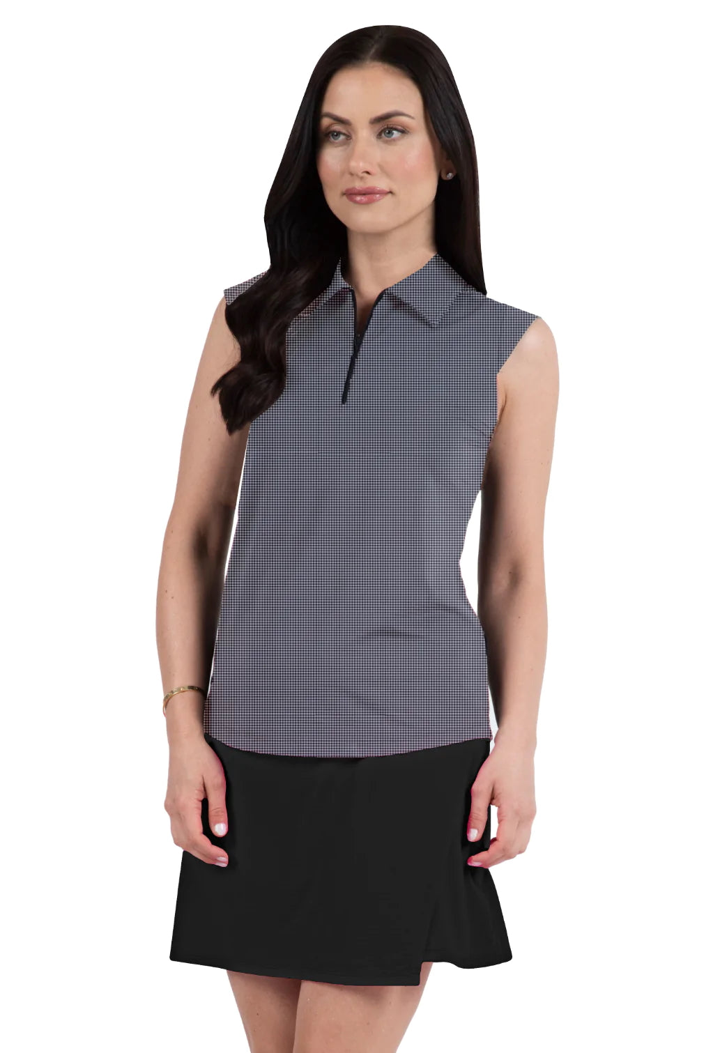 IBKUL Women's Mini Check Sleeveless Polo Shirt - Stylish Summer Casual Top for Golf, Tennis & Outdoor Activities