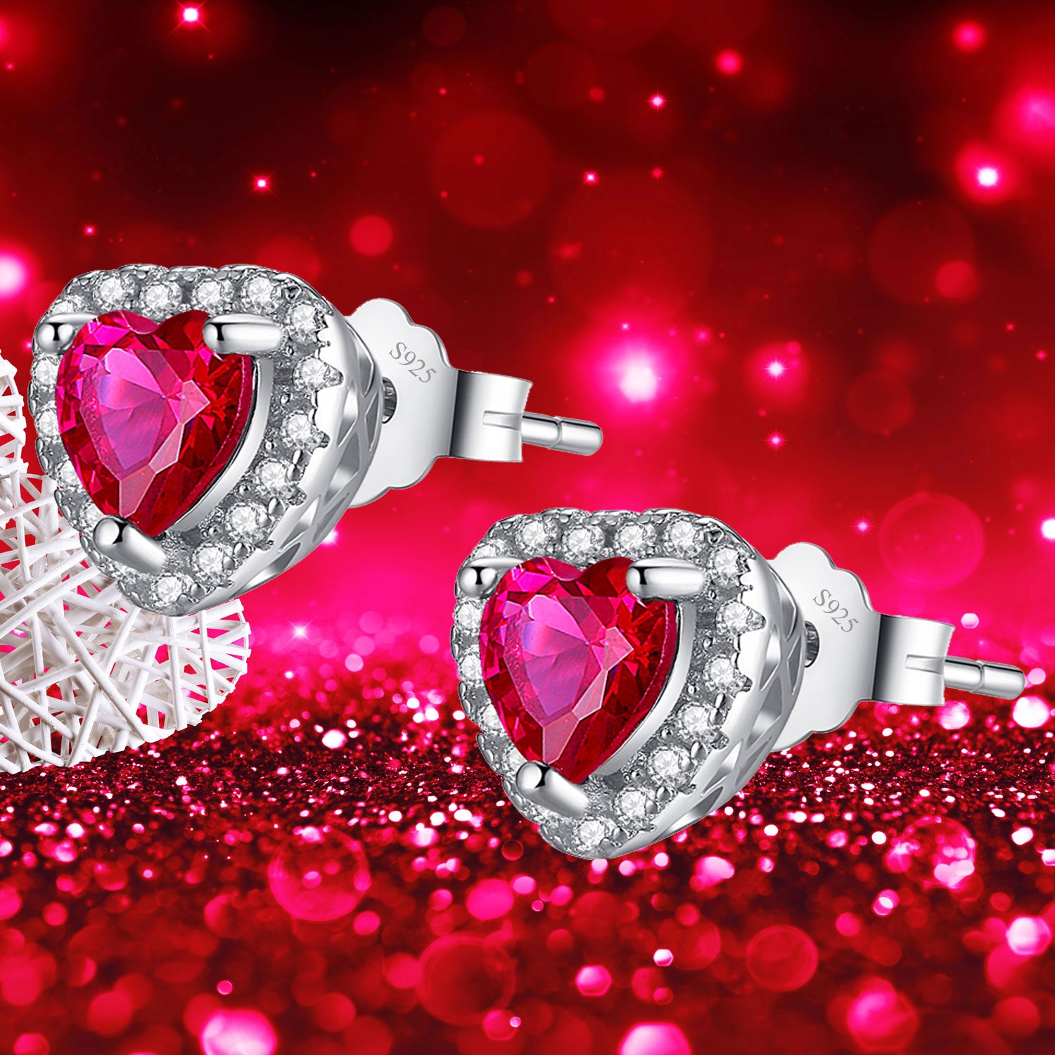 MABELLA Sterling Silver Heart Cut Simulated Ruby Pendant & Earrings Jewelry Set for Women - Valentine's Day Gift, Anniversary Present, Birthday Jewelry - Perfect for Date Night, Wedding, Party & Special Occasions