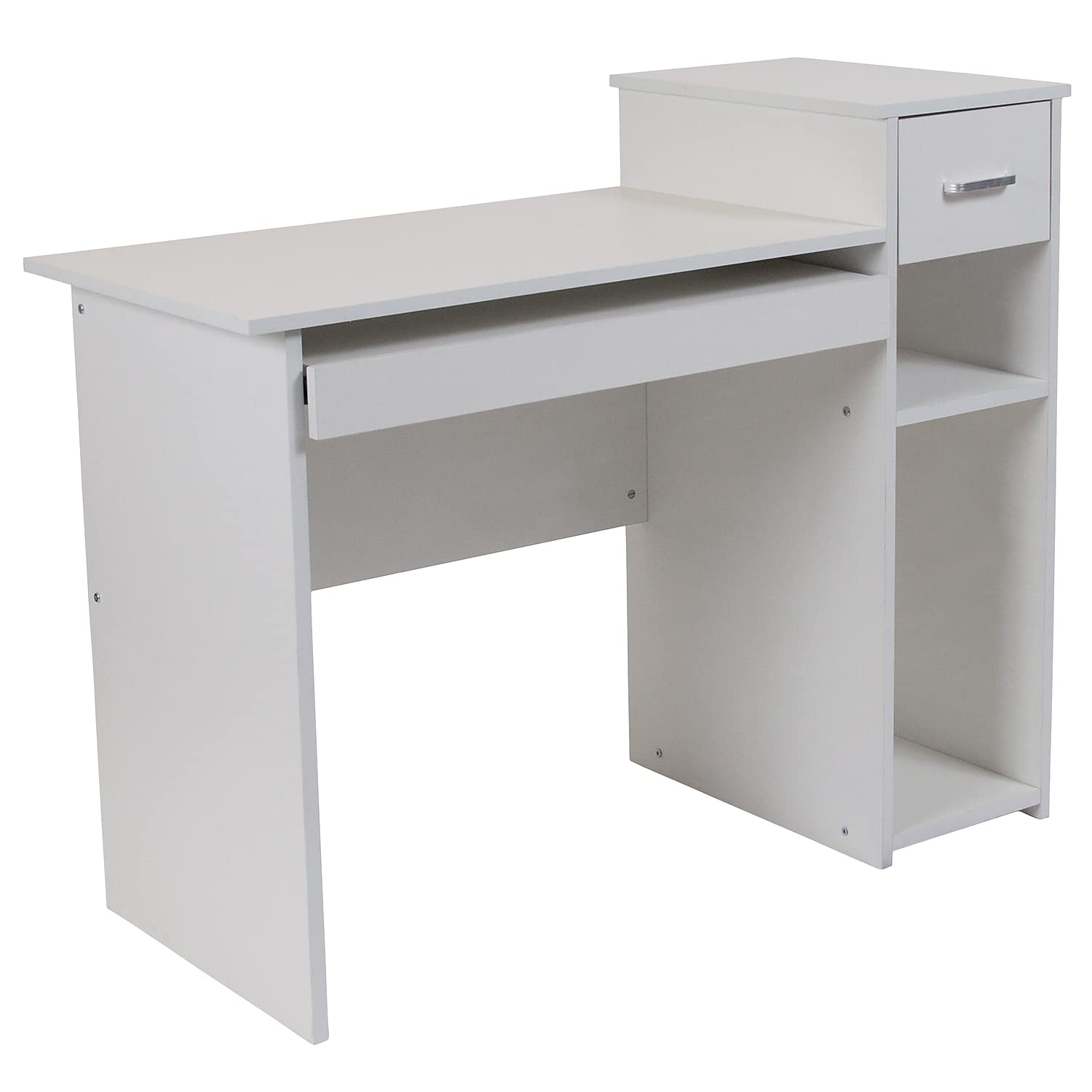 Flash Furniture Highland Park White Computer Desk with Shelves and Drawer - Modern Home Office Desk for Work, Study & Gaming - Compact Writing Desk with Storage Shelf & File Drawer - Perfect for Small Spaces, Dorm Rooms & Apartments