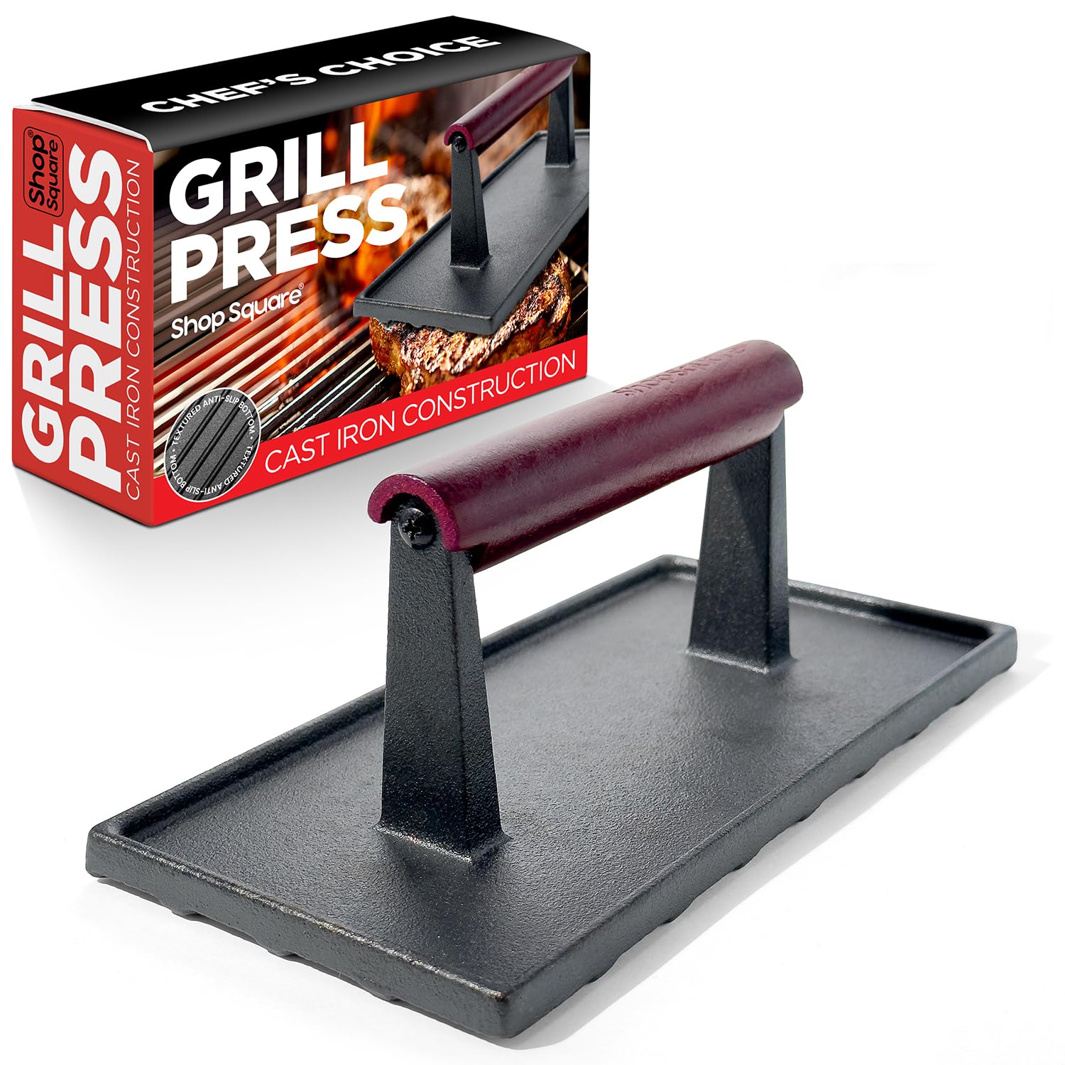 Heavy Duty Cast Iron Grill Press - 8 x 4 Inch Griddle Weight with Cool-Touch Wood Handle - Pre-Seasoned Non-Stick Steak Press for Burgers, Paninis & Sandwiches - Perfect for BBQ, Grilling & Indoor Cooking