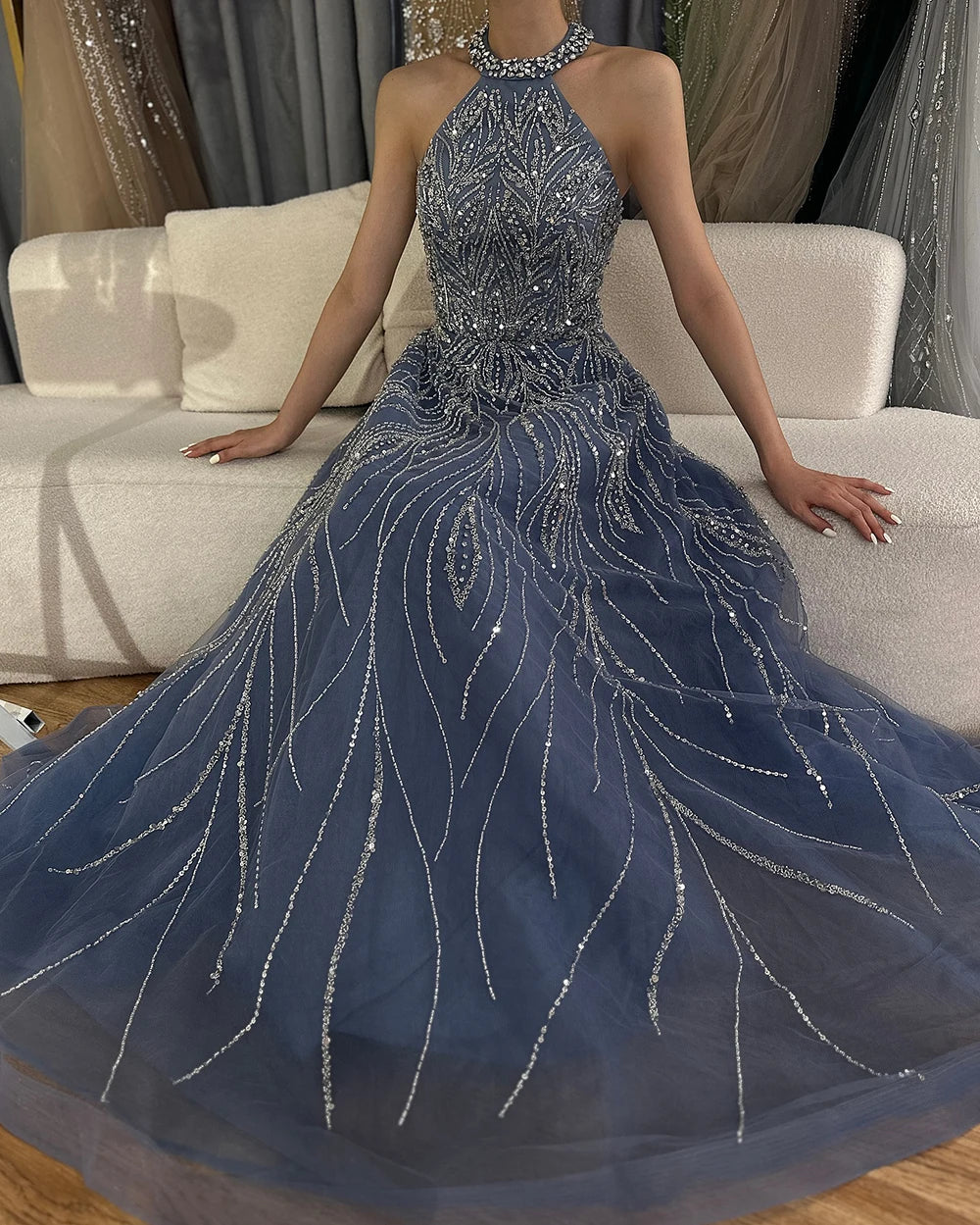 Elegant Blue Arabic A-Line Halter Gown - Luxury Dubai Evening Dress for Women | Wedding, Party & Special Occasion Wear | 2025 Fashion LA72302