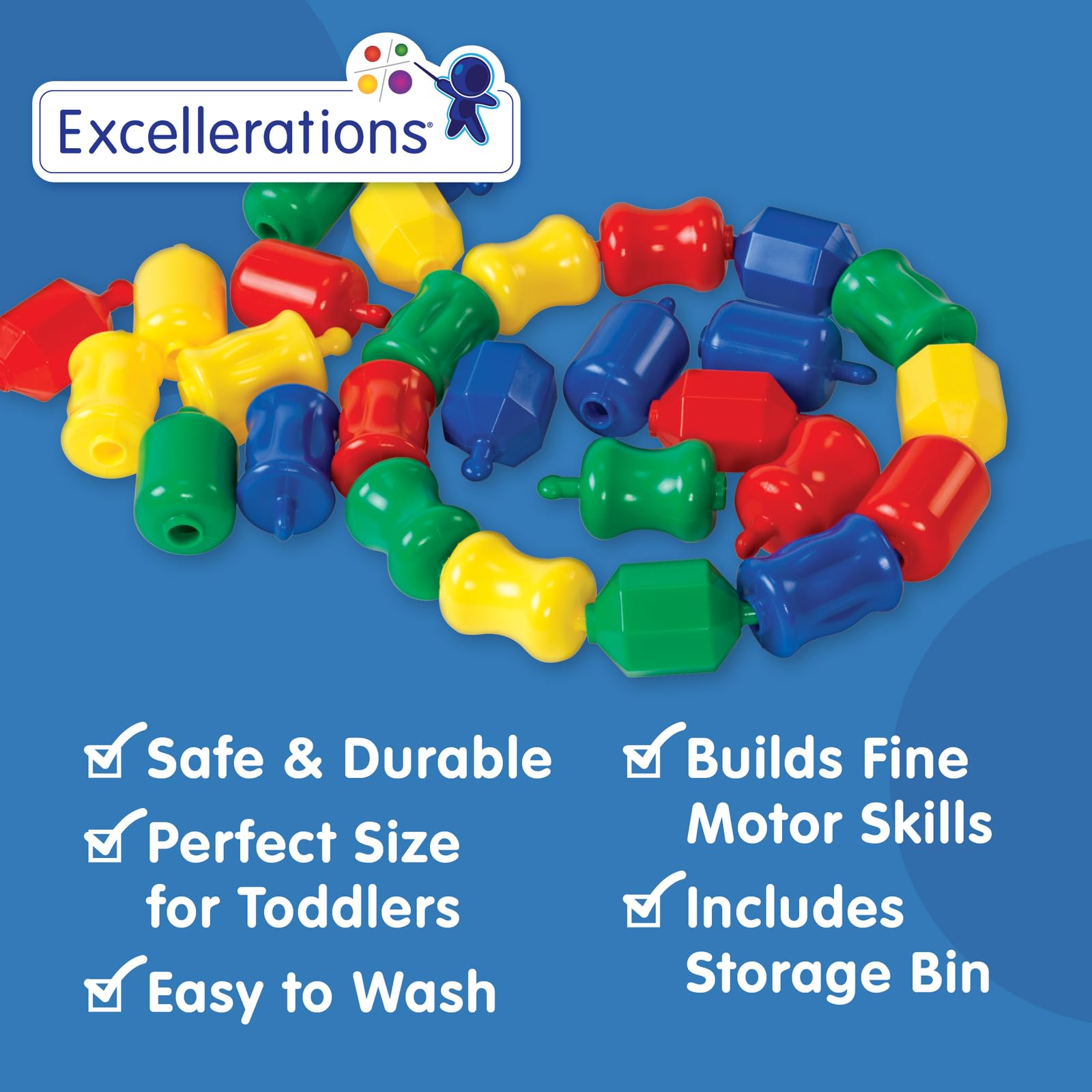 Excellerations Early STEM Learning Toy - 28-Piece Snap Lock Beads Set for Toddlers | Connecting & Linking Pop Beads in Storage Bin | Fine Motor Skills Development | Perfect for Preschool Classroom & Home Playtime