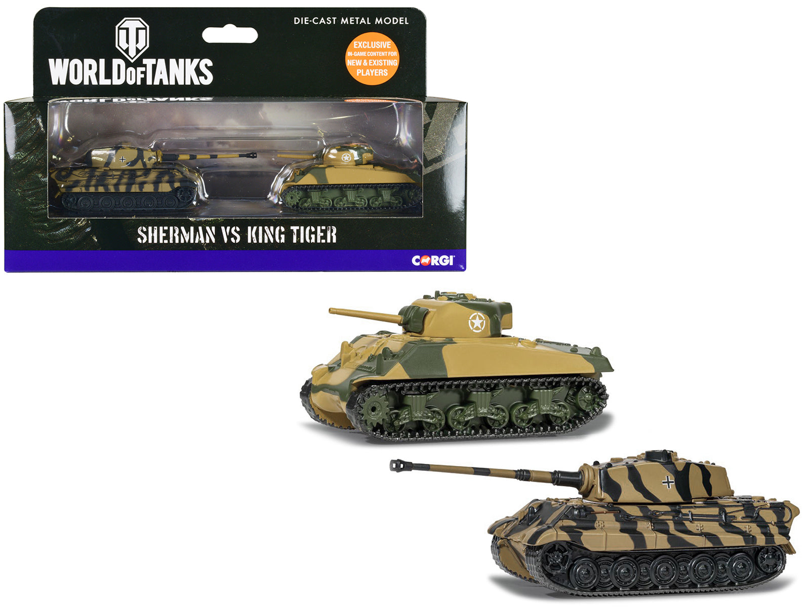 American Sherman Tank vs German King Tiger Tank Diecast Model Set - 2-Piece World of Tanks Collectible by Corgi | Military History Display & Wargaming Scenes