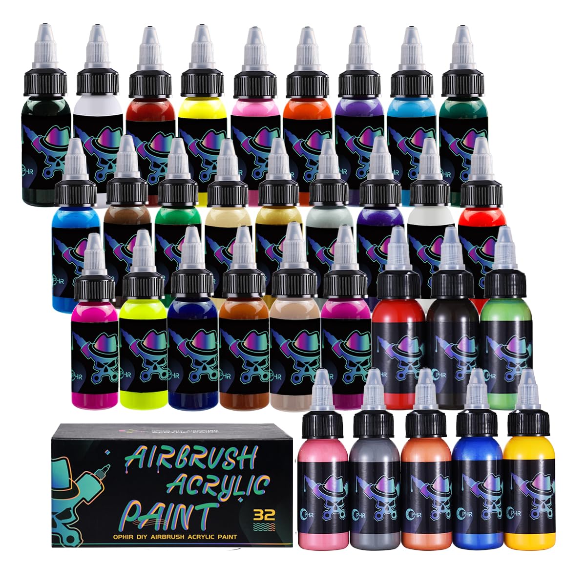 OPHIR 32-Color Acrylic Airbrush Paint Set - Water-Based Opaque Airbrush Ink for Models, Shoes & Leather (1.05 oz/Bottle) | Easy Clean with Water/Alcohol | Perfect for DIY Crafts, Cosplay & Automotive Customization