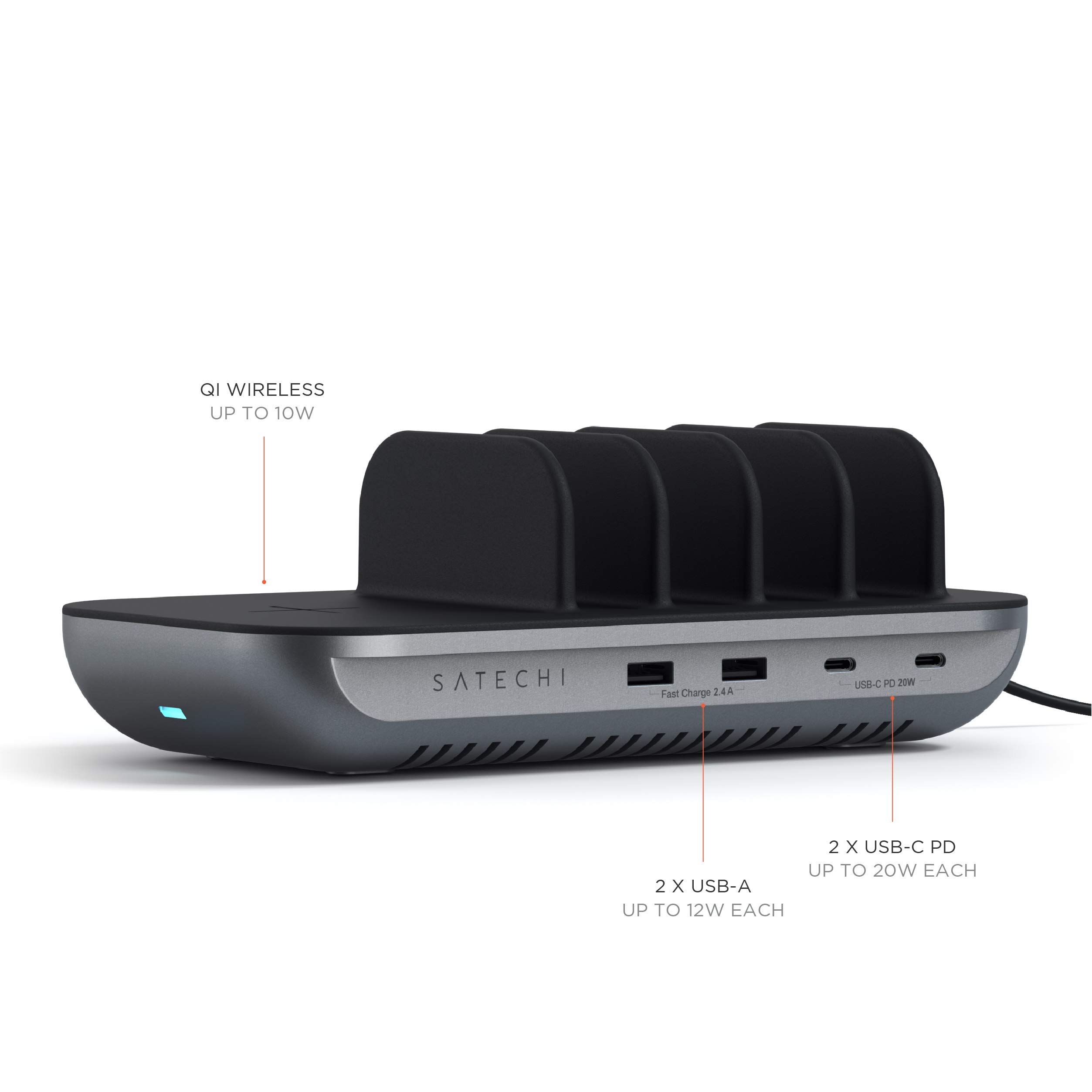 Satechi 5-in-1 Multi Device Charging Station with Fast Wireless Charging Pad - Compatible with iPad Pro/Air/Mini, iPhone 16/15/14/13/12/11, AirPods 3rd Gen & More - Perfect for Home Office, Nightstand & Travel Organization