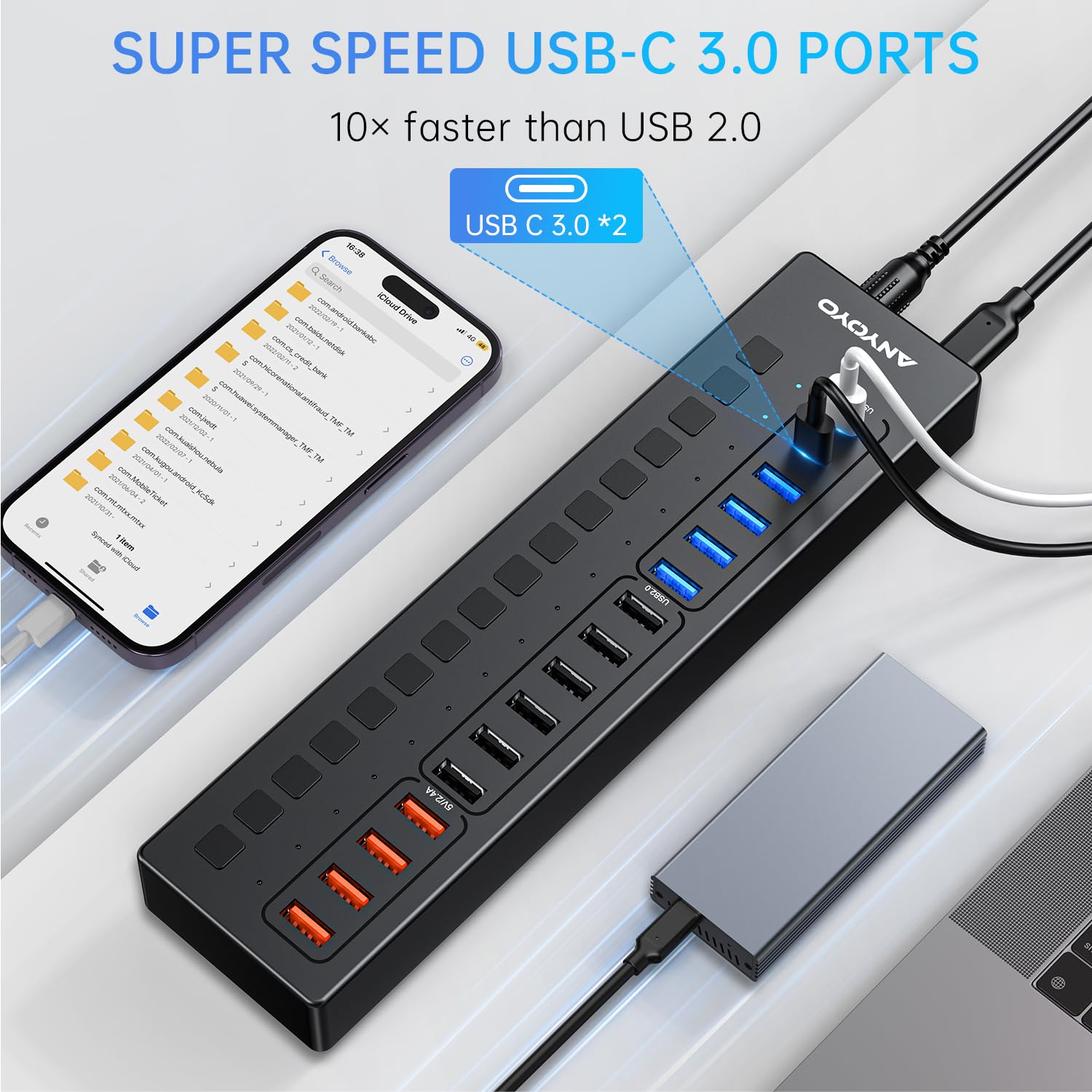16-Port USB Hub with Power Adapter - ANYOYO USB 3.0 Splitter (4x USB-A 3.0, 2x USB-C 3.0, 4x Smart Charging Ports, 6x USB-A 2.0) - Individual Port Switches & 20V/3A UK Power Supply for Laptops, PCs, Phones, Tablets - Perfect for Home Office, Gaming Setup & Multi-Device Charging Station