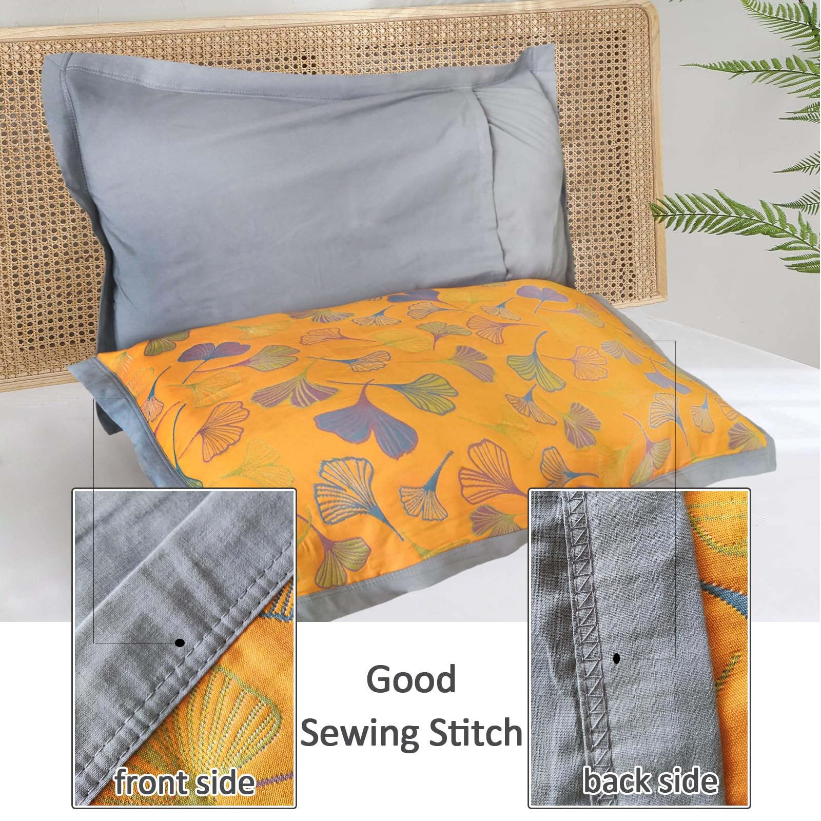 Premium Cotton Embroidered Ginkgo Quilted Pillow Shams Set of 2 - Orange Queen Size 20