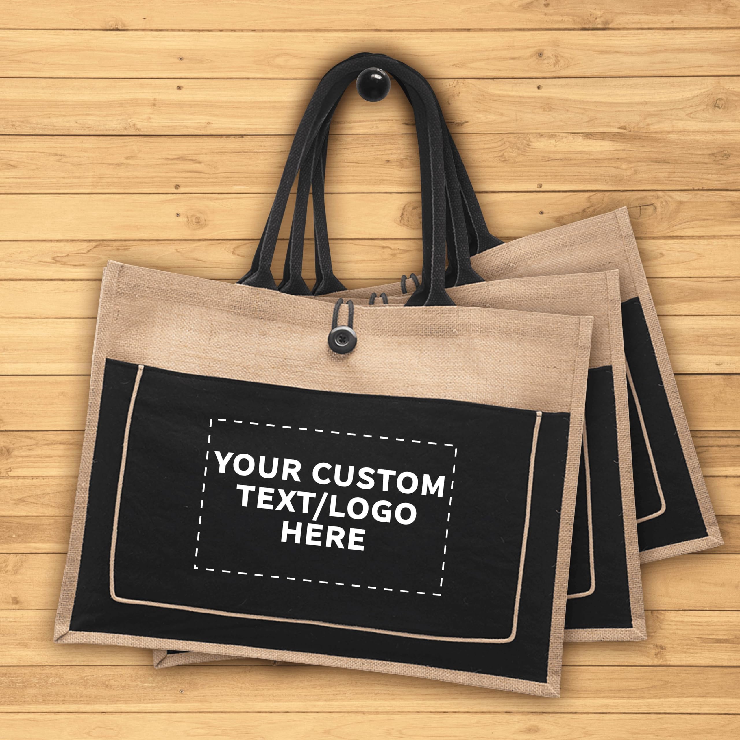 Custom Jute Tote Bags with Cotton Pocket - 50 Pack Bulk Wholesale Eco-Friendly Reusable Grocery Bags - Personalized Promotional Totes for Picnic, Beach, Camping, Outdoor Activities & Shopping - Black