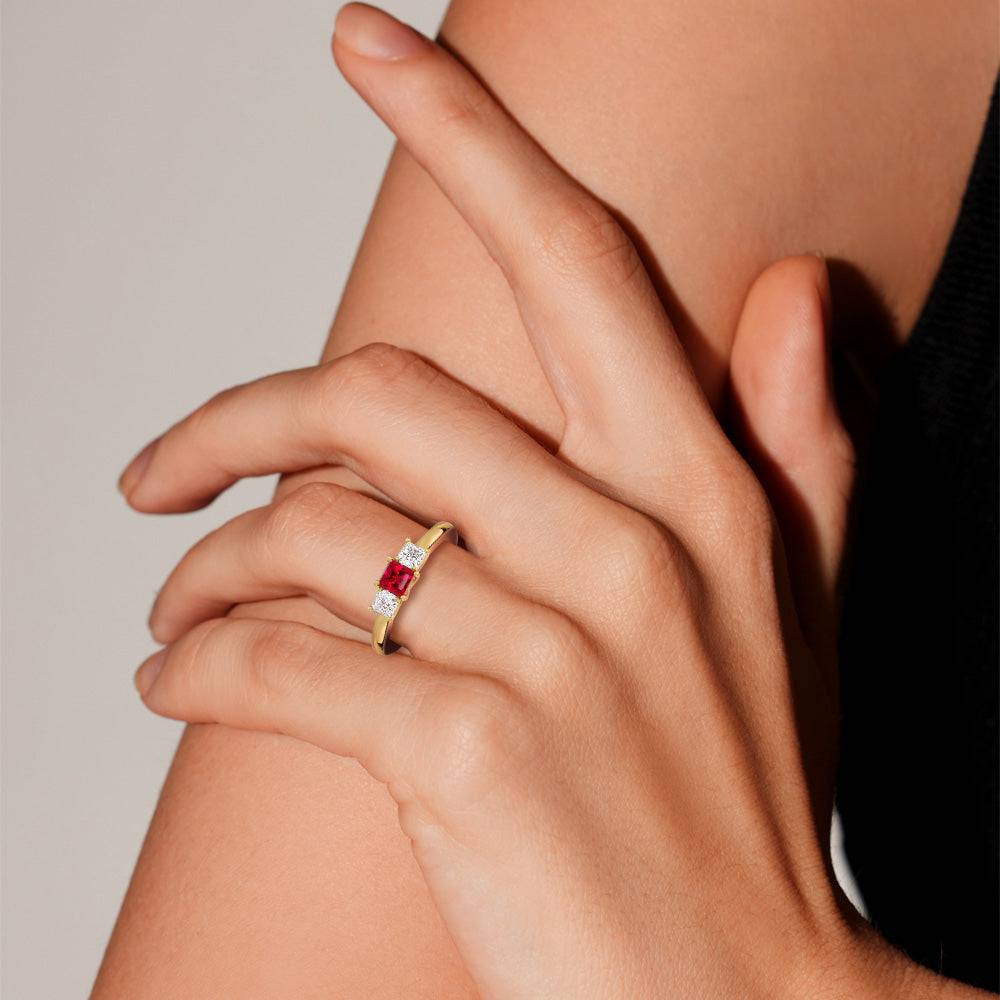 Lab Grown Ruby & Princess Cut Diamond Three Stone Ring – Elegant Engagement, Wedding, or Anniversary Jewelry Gift for Women