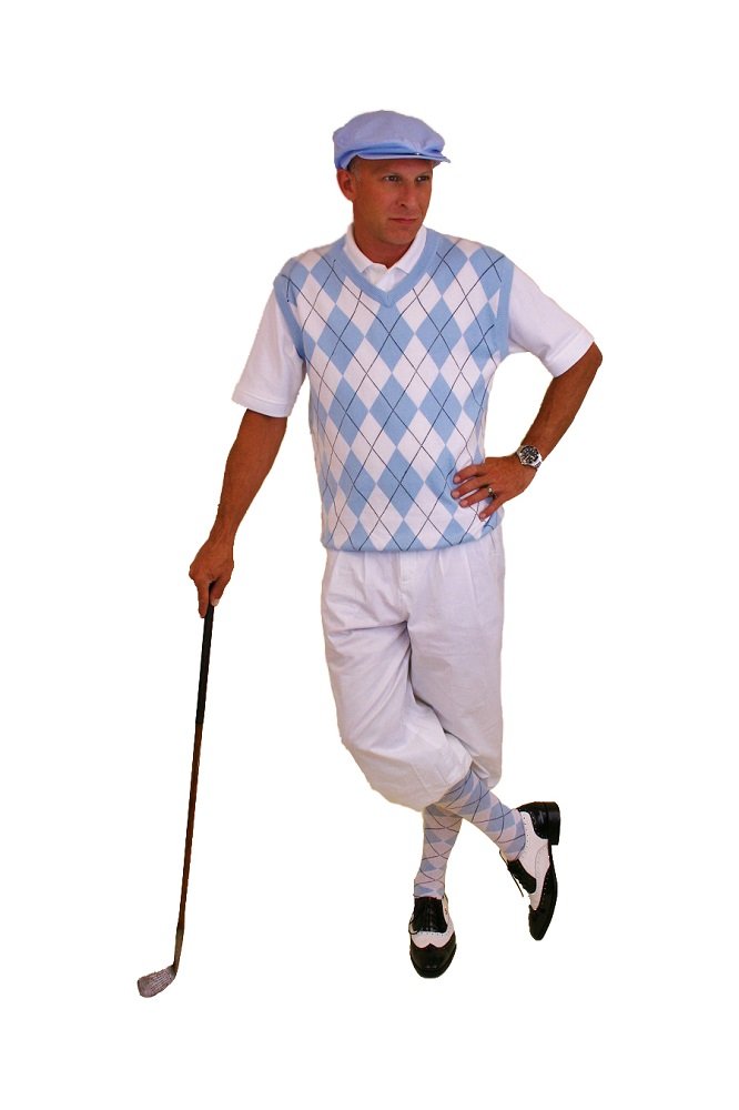 Kings Cross Men's Golf Outfit - Premium White Knickers with Light Blue, White & Black Overstitch - Comfortable Golf Pants for Men - Perfect for Golf Courses & Country Club Events