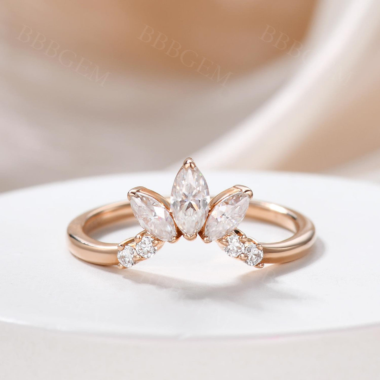 18K Rose Gold Three Stone Graduated Marquise & Round Moissanite Diamond Curve Band Ring | Elegant Wedding, Engagement, Anniversary Jewelry Gift for Women