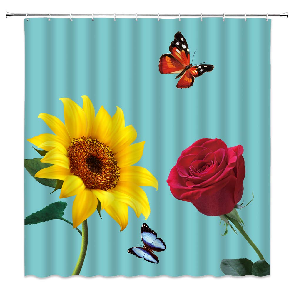 Sunflower Rose Shower Curtain - Rustic Wildflower Bathroom Decor with Yellow Sunflowers, Red Roses & Butterflies for Vintage Farmhouse Style | Waterproof Fabric with Hooks for Bath, Shower & Home Decor