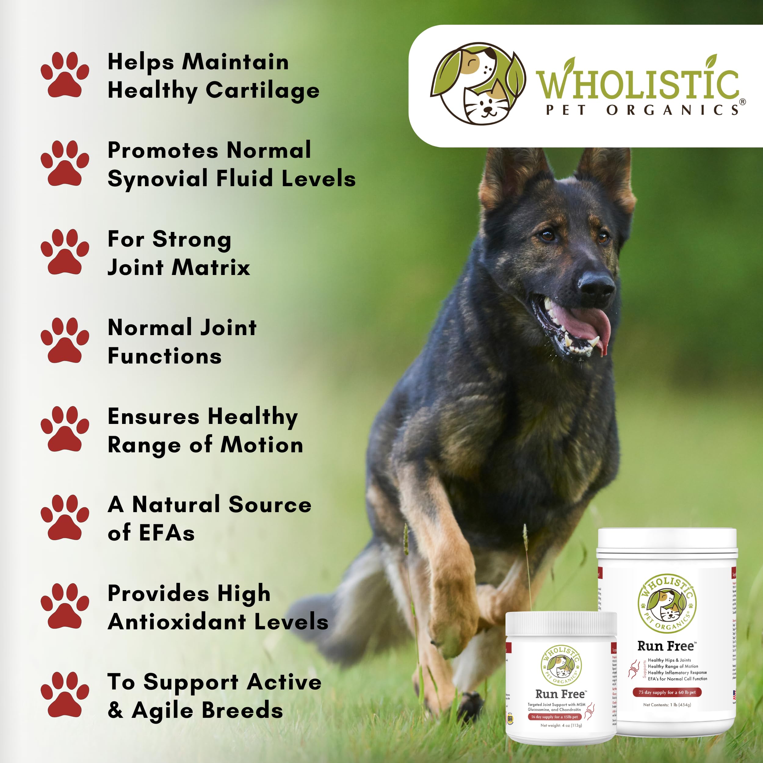 Wholistic Pet Organics Run Free - 1 Lb - Glucosamine Chondroitin MSM Dog Joint Supplement for Senior Dogs & Cats, Hip & Joint Pain Relief, Mobility Support - Ideal for Active Pets & Aging Animals