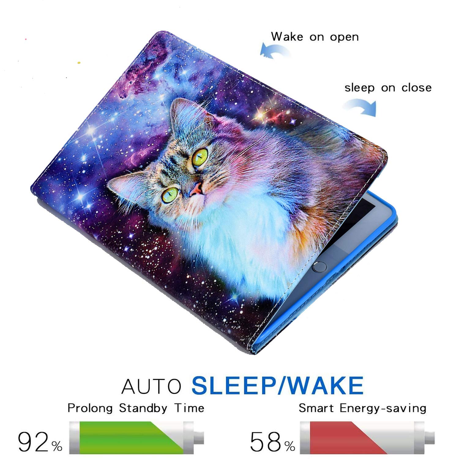 Premium PU Leather Smart Folio Stand Case for iPad 9.7 Inch (iPad 6th/5th Gen 2018/2017, iPad Pro 9.7 & iPad Air 2/1) with Auto Sleep/Wake - Space Cat Design - Perfect for Work, School & Travel