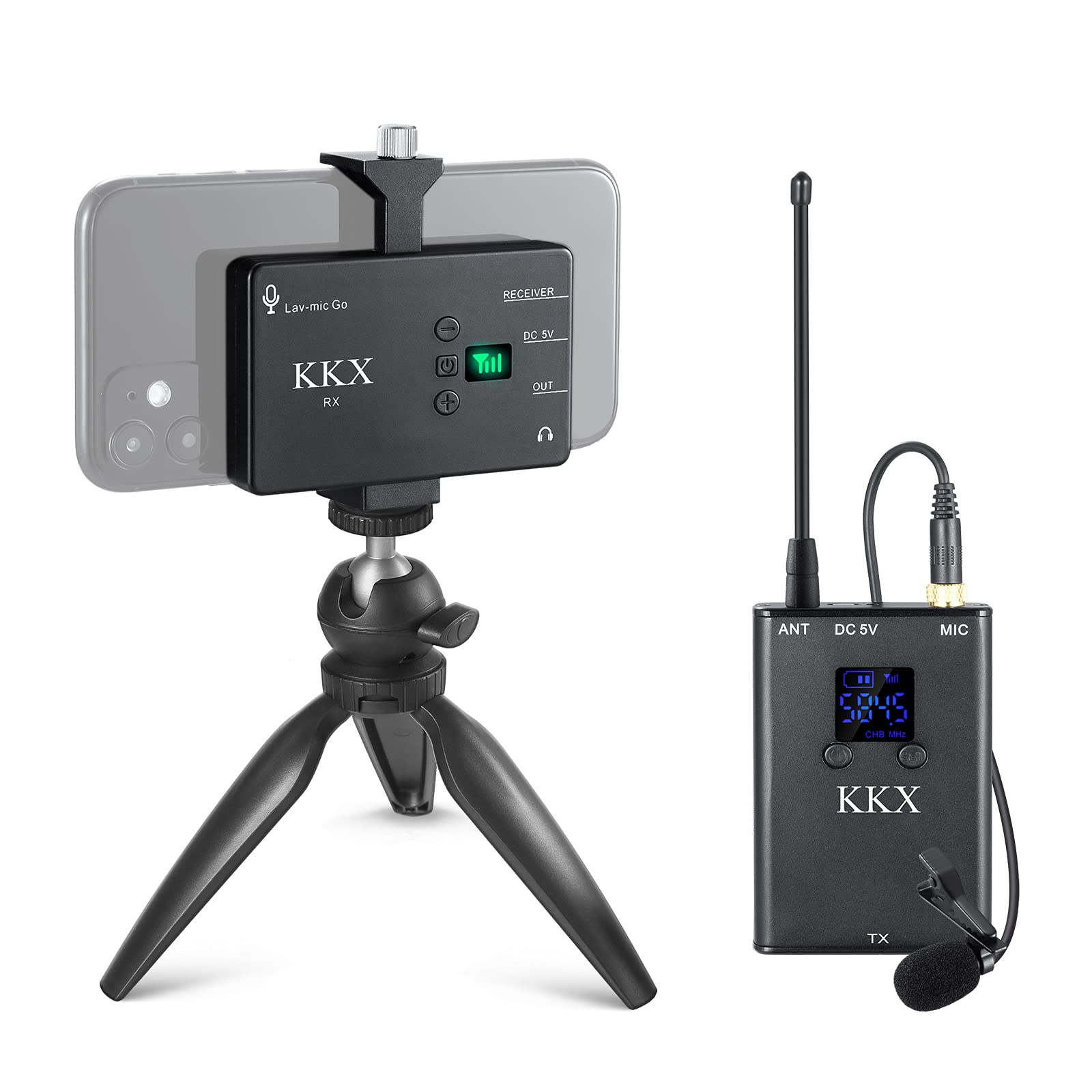 KKX Professional UHF Dual Wireless Lavalier Microphone System for iPhone, DSLR Camera, Video Recording - Ideal for YouTube, Interviews, Conferences & Live Streaming
