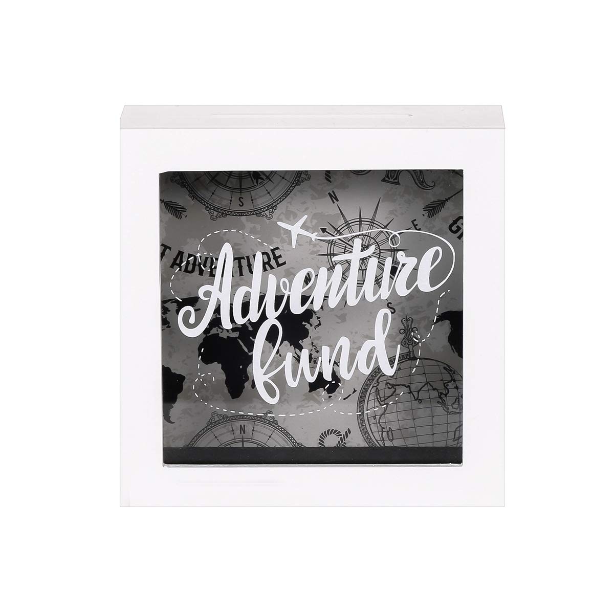 UMICAL 6x6 Inch Adventure Fund White Shadow Box Frame - Decorative Wooden Money Savings Bank with World Map Background - Perfect for Travel Memory Keepsakes, Souvenir Display & Home Decor